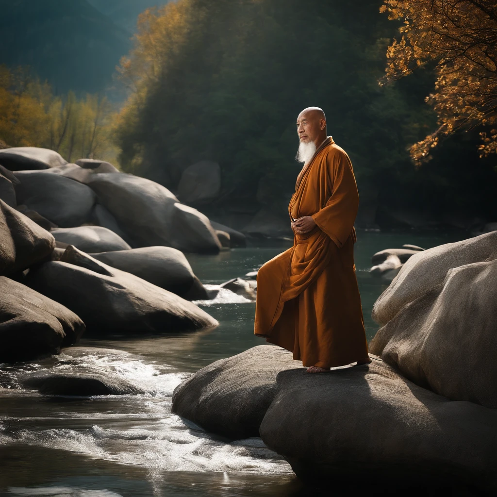 wise old oriental man, sentado em uma pedra com uma cachoeira ao fundo,