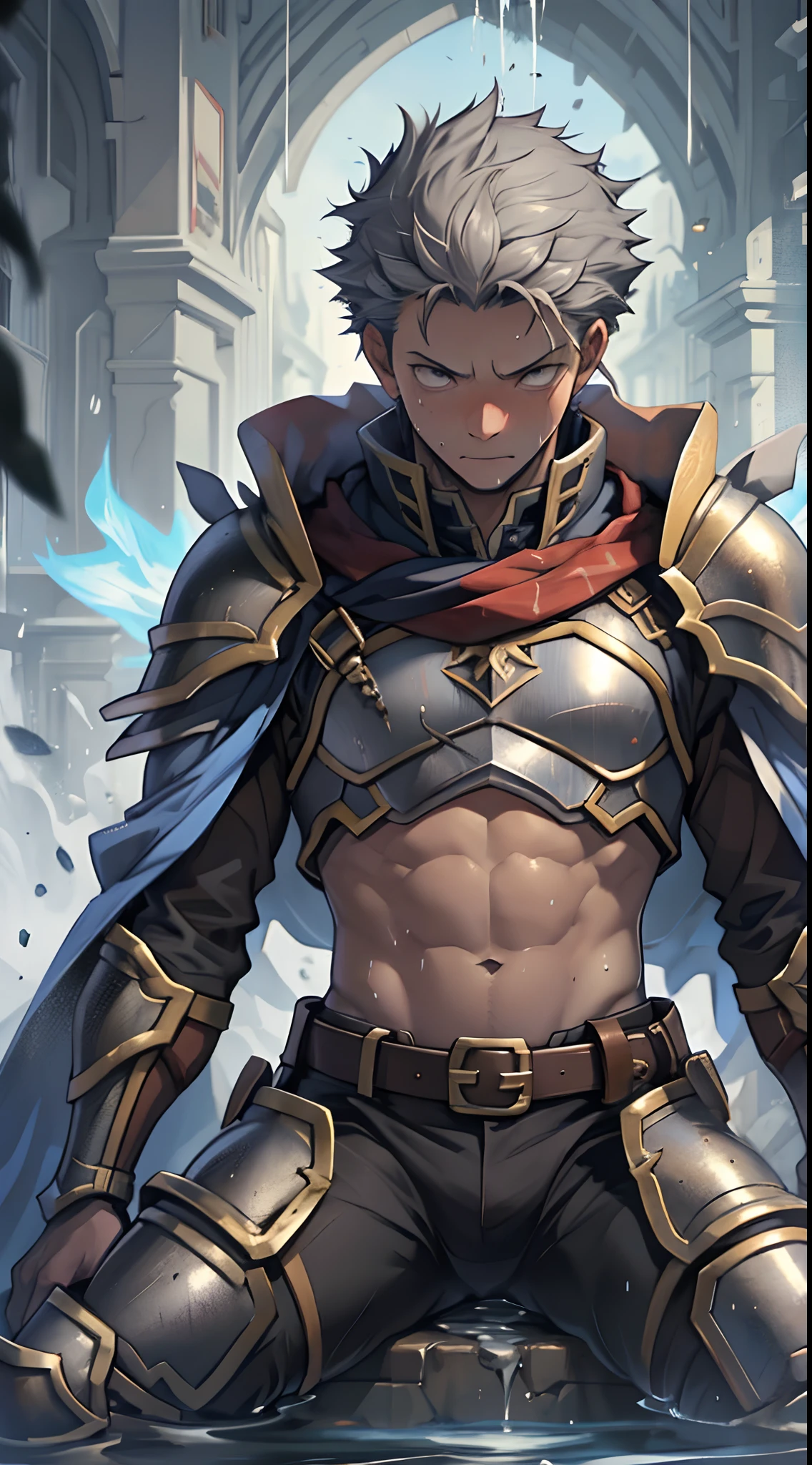 (1 Adult male),A high resolution, Sharp focus, Pixiv masterpiece, ((Complicated details)), highly detailed, natsuki_subaru, 1 man,Wearing armor,perfect male figure,Urine on the trouser leg, Nervously bow your head,is shy,embarressed,exhilarated,is shocked,panicking,worry,A pool of urine formed around him,Very eager to pee,Unbearable,Wet yourself,Urine discharge,full bodyesbian,sit astride,Tired,decadent, Black eyes(eyes glowing), Short gray hair,White armor,Tie a belt,Cloaked,Cloak,Shoulder armor,perspire,Drenched,Get wet,pissing,urine flows down the pants,look from down