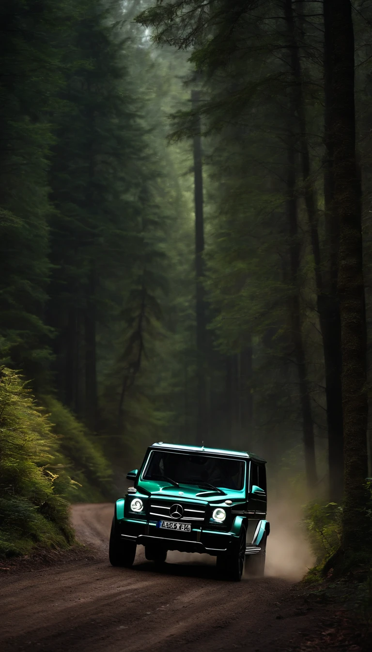 ultra-realistic image，Forest Road，Drive a Mercedes-Benz G off-road SUV