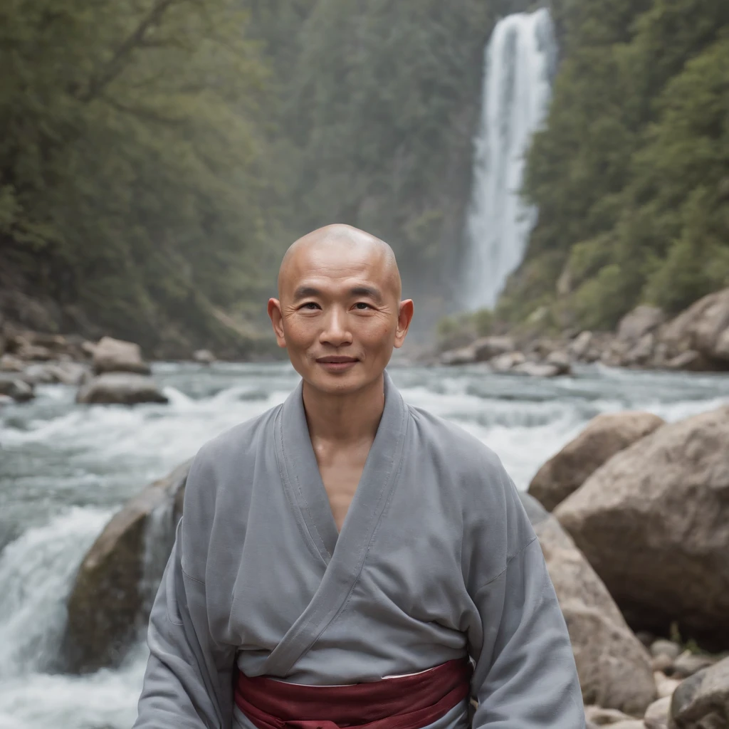 Imagine Zen old monk, A high-ranking monk, Gray robe, largeeyes, Smile and meditate, Face the camera, Full body photo, Frontal photo, The background is alpine flowing water, Chinese wind, the detail, Cinematic light, High quality --ar 3:4[Pictures], 。.3D, surrealism, Cinematic lighting, hyper HD, Super detail, Textured skin, hyper HD, ccurate, Textured skin, High details