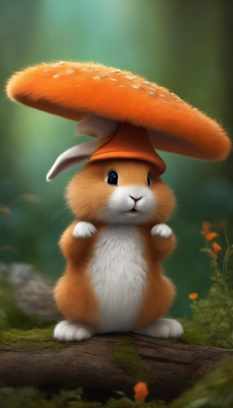adorable creature,Similar to a rabbit and carrot mix, Adorable, Cute, Furry, Fluffy, forest, Mushrooms, Wear a blue mushroom hat