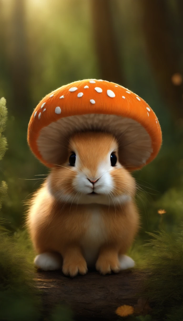 adorable creature，Similar to a rabbit and carrot mix, Adorable, Cute, Furry, Fluffy, forest, Mushrooms, Wear a blue mushroom hat