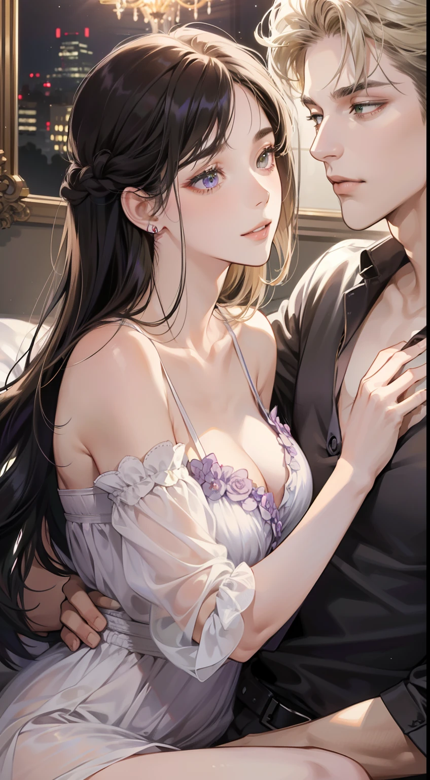 couple, 1 Girl 1 Boy, different hair color, Long black hair and purple eyes, Short blonde hair and green eyes, Romance, Illuminated suite, Silk V-neck low-cut mini-dress, Europeans, Luxury room background, Handsome face, Romantic, Have sex