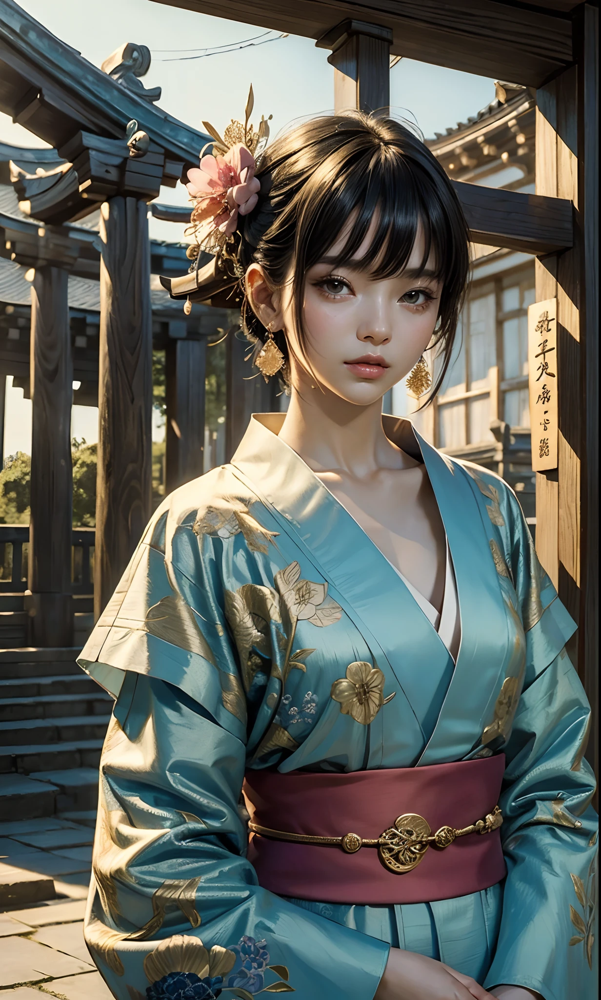 ((top-quality、​masterpiece:1.3))、sharp:1.2、Perfect Body Beauty:1.4、((Layered hairstyle))、(Kimono:1.1)、(shrines:1.2)、Highly detailed facial and skin texture、Detailed eye、二重まぶた、((short-length hair))、boyish、Cool、((unisex))、big eye、bangss、((One Woman))、Black eyes、tying  hair、hair adornments、