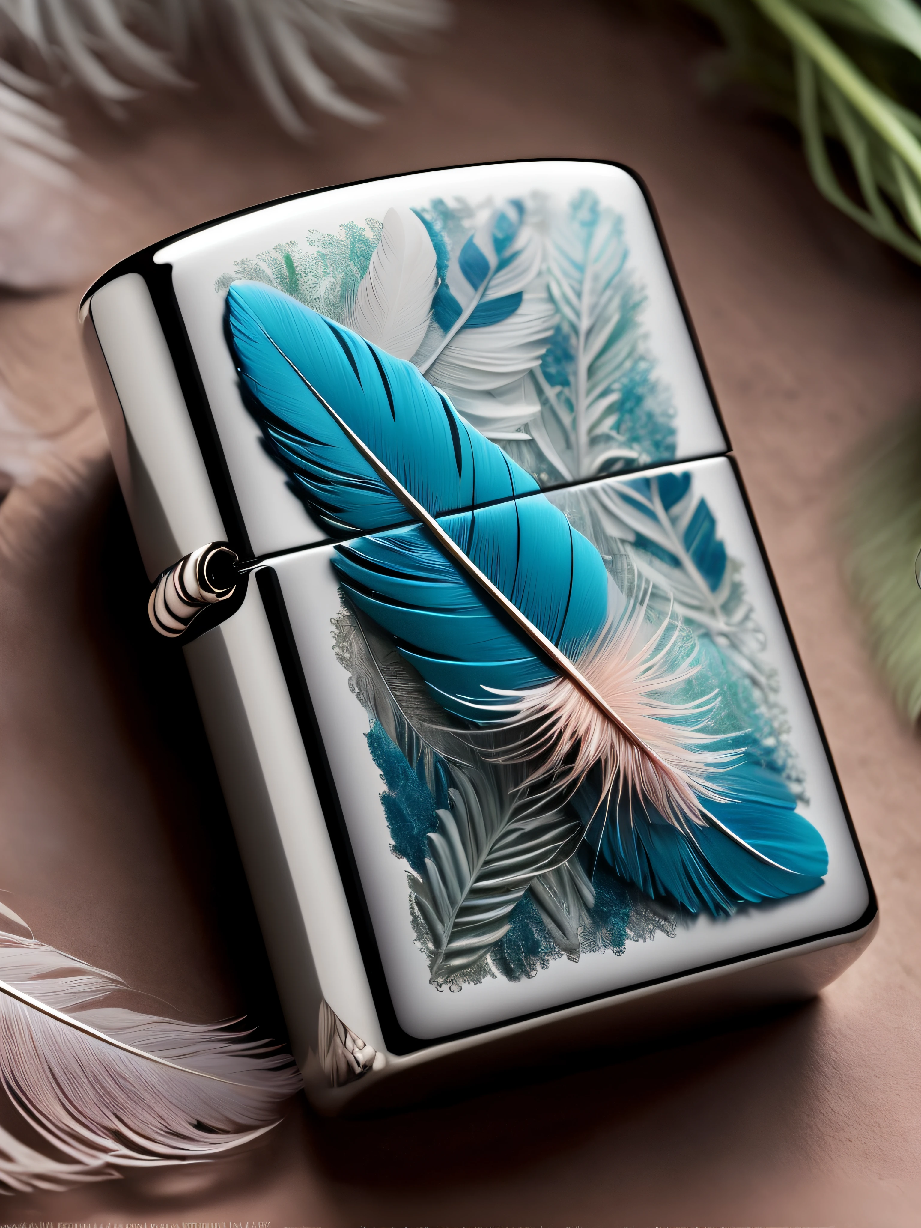 product photography , A Zippo formed from enchanted feathers, each feather emitting a gentle, soothing breeze when touched, enchanted feathers:0.9, gentle breeze:0.7, soothing:0.7.