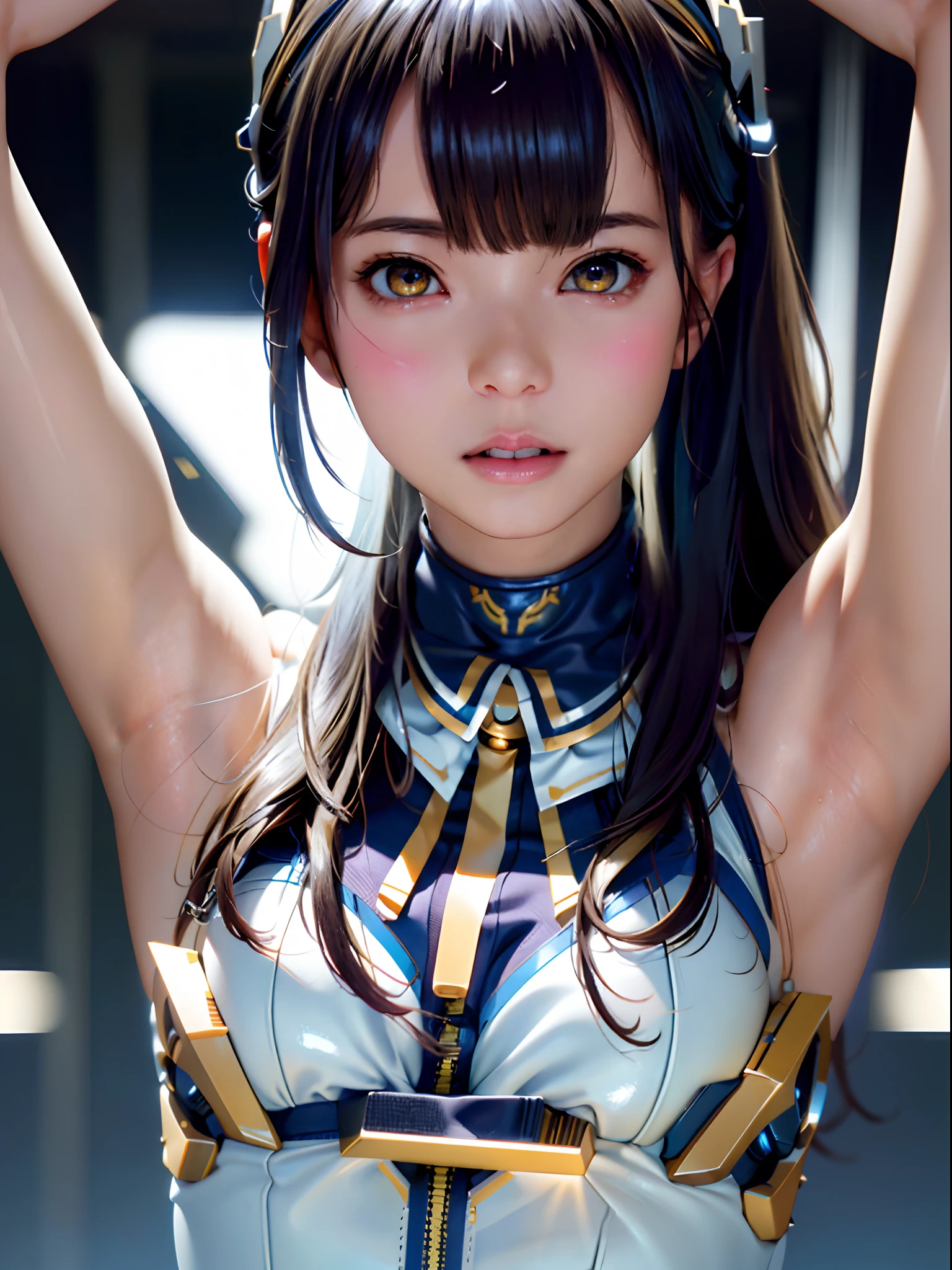 top-quality、masterpiece、超A high resolution、(Photorealsitic:1.4)、1人、Light blue hair、Straight hair, shiny and clean hair、White shiny skin、Sexy Cyberpunk Girl、((super realistic details))、Shadow、octan render、ultrasharp、hyperdetailed face、Fiberglass、Luminous tube、highly intricate detail、Realistic light、CGSoation Trends、((Golden Eyes))、(Facing the camera)、neon details、Mechanical limbs、Mechanical vertebrae attached to the back、mechanical cervical attaching to neck、Wires and cables connecting to the head、((valkyrie))、((Beam Cannon))、Combat stance