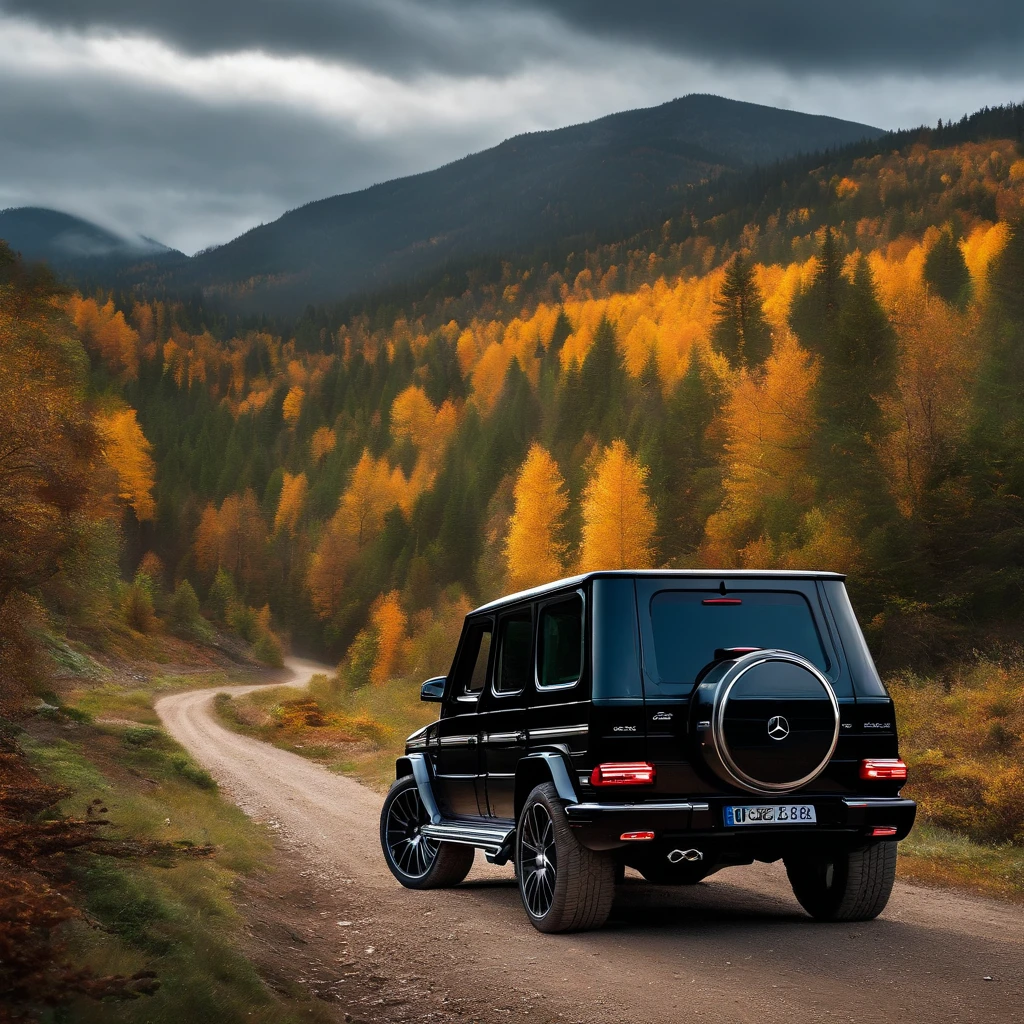 ultra-realistic image，Forest Road，Drive a Mercedes-Benz G off-road SUV