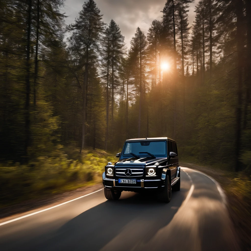 ultra-realistic image,Forest Road,Drive a Mercedes-Benz G off-road SUV