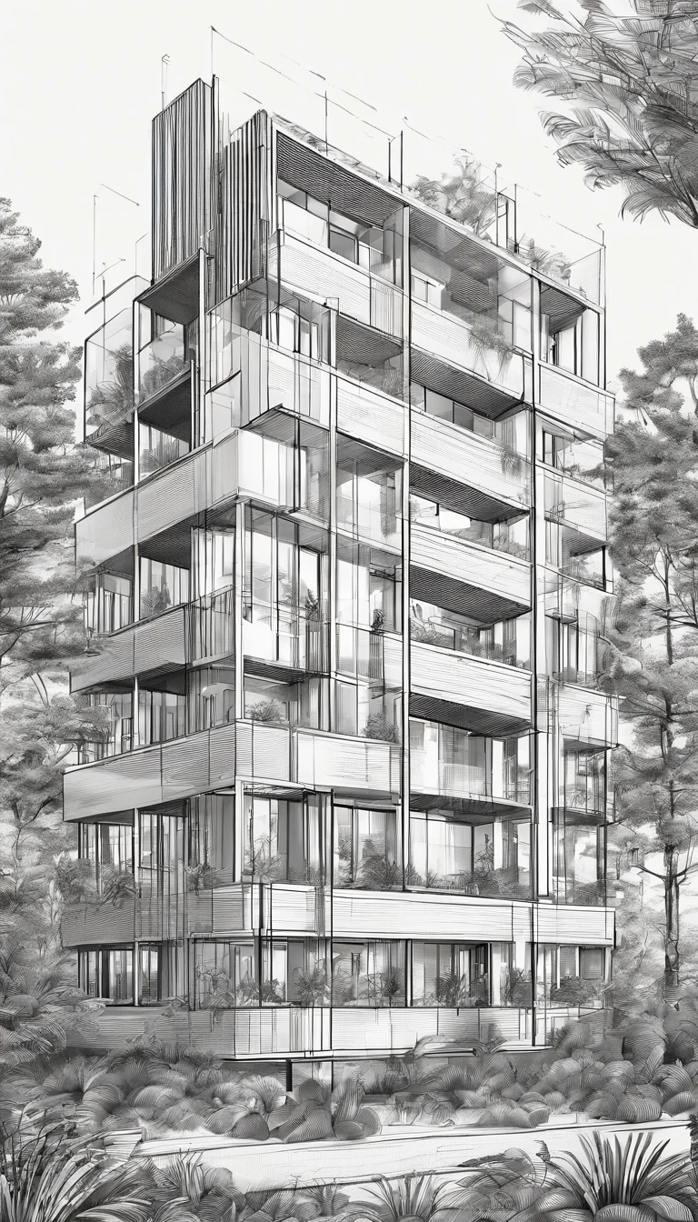 A Hostel style classic with 7 floors area is 11.5m width, 34m length, synchronized with the surrounding forest landscape, best quality, ultra-detailed,natural lighting, monochromatic color scheme, neutral tones, realistic:1.37, vertical gardens
