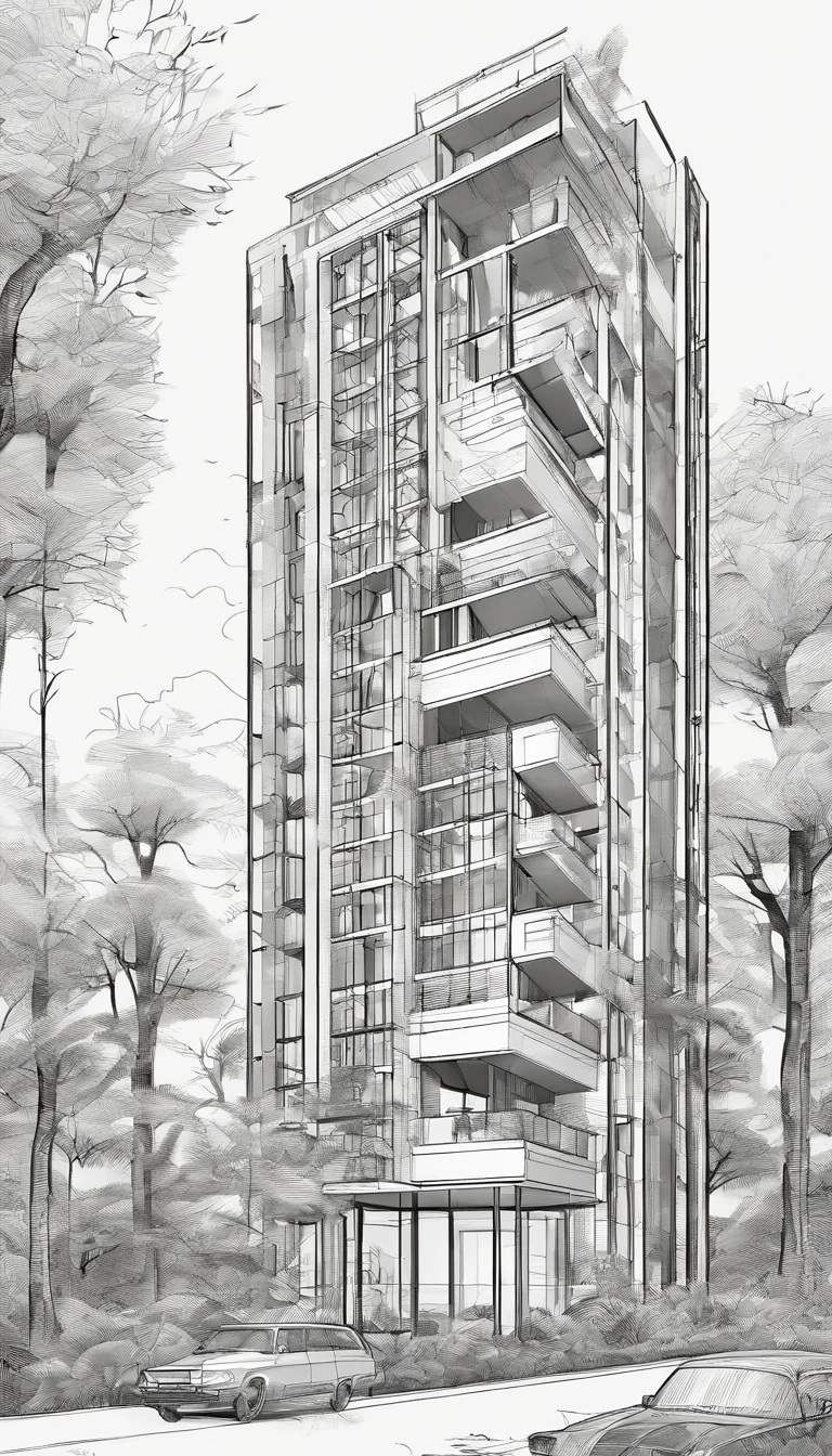 A Hostel style classic with 7 floors area is 11.5m width, 34m length, synchronized with the surrounding forest landscape, best quality, ultra-detailed,natural lighting, monochromatic color scheme, neutral tones, realistic:1.37, vertical gardens