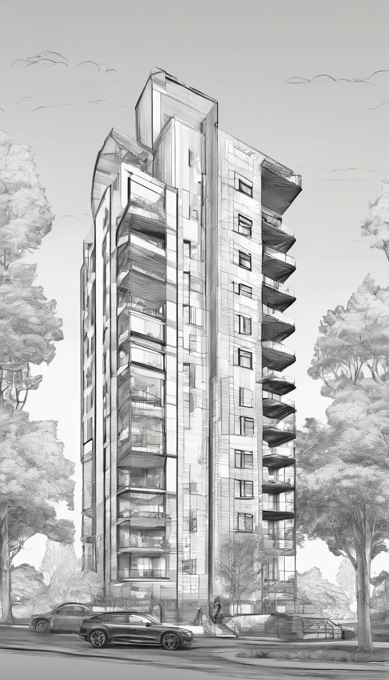 A Hostel style classic with 7 floors area is 11.5m width, 34m length, synchronized with the surrounding forest landscape, best quality, ultra-detailed,natural lighting, monochromatic color scheme, neutral tones, realistic:1.37, vertical gardens