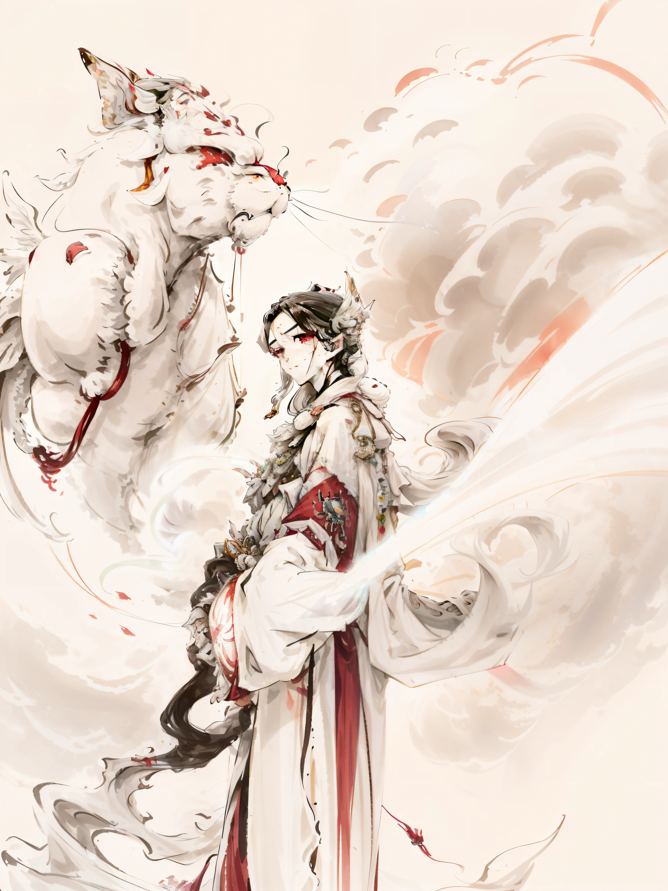 Old immortal with white beard and white eyebrows,Dressed in white, There is a butterfly jade pendant around the waist,Stand on a big red carp floating in the air,dark stormy clouds,He smiled and looked at me