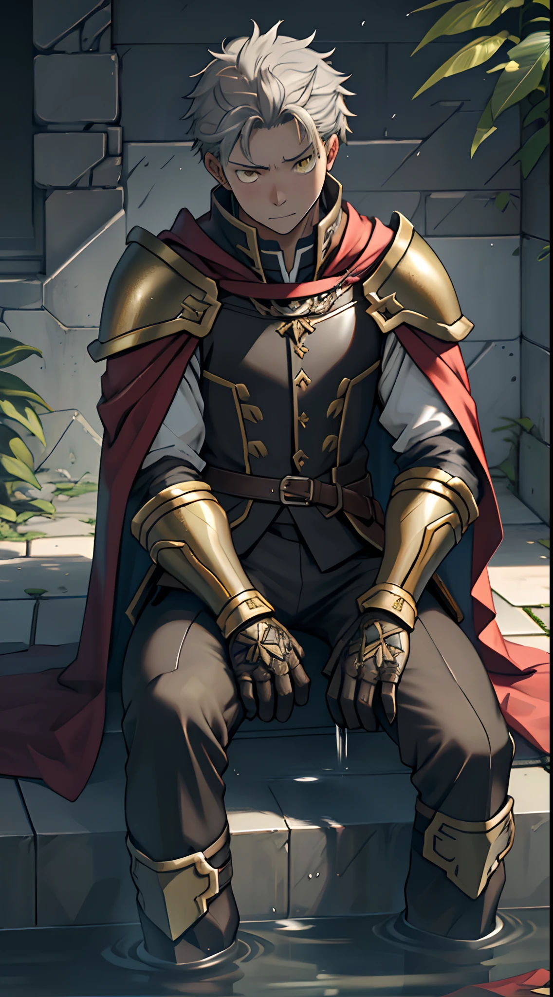 (1 Adult male),A high resolution, Sharp focus, Pixiv masterpiece, ((Complicated details)), highly detailed, natsuki_subaru, 1 man,Wear combat uniforms,perfect male figure,Urine on the trouser leg, Nervously bow your head,is shy,embarressed,exhilarated,is shocked,panicking,worry,A pool of urine formed around him,Very eager to pee,Unbearable,Wet yourself,Urine discharge,full bodyesbian,sit astride,Tired,decadent, Yellow eyes(eyes glowing), Short gray hair,White armor,Tie a belt,Cloaked,Cloak,Shoulder armor,perspire,Drenched,Get wet,pissing,urine flows down the pants,look from down