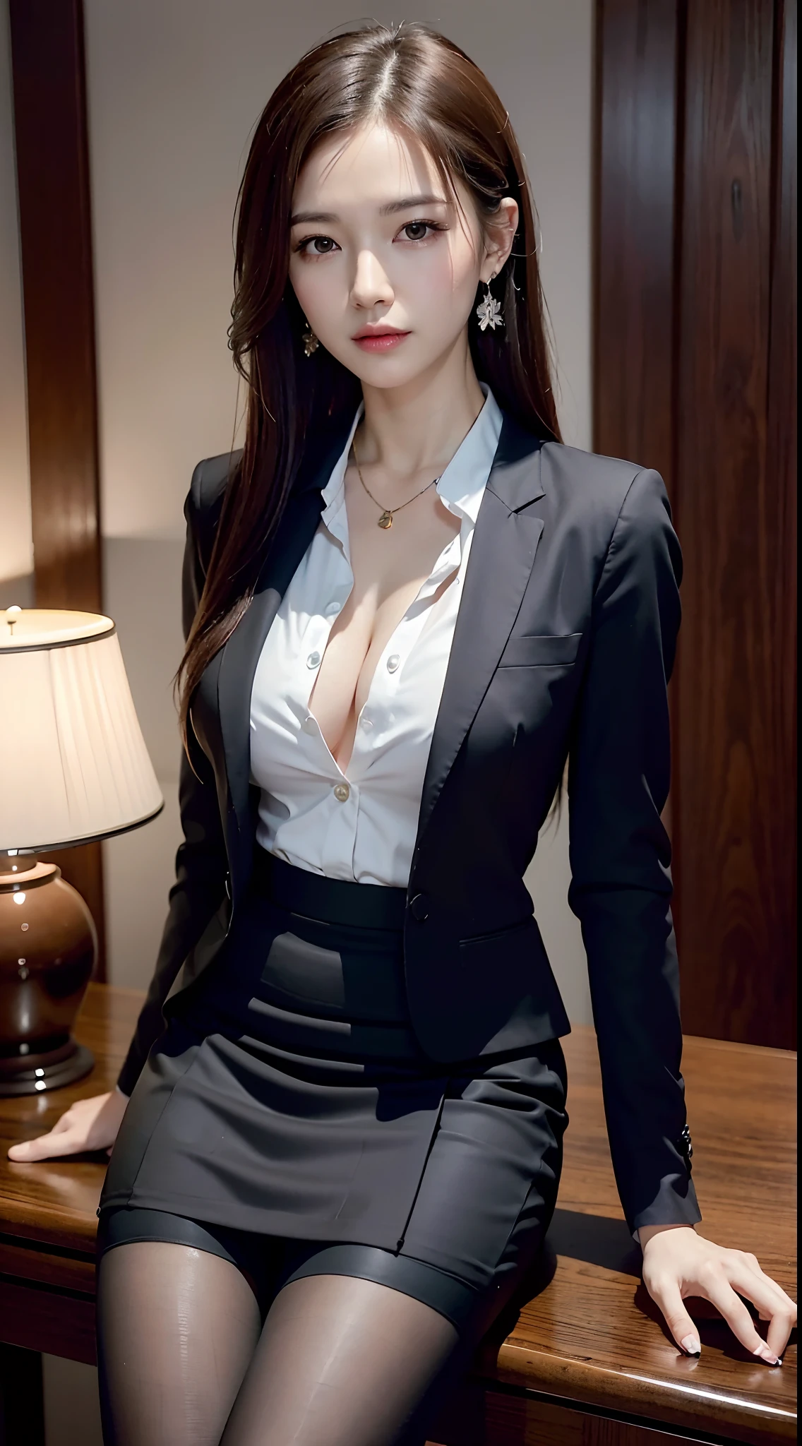 Elegant upper-class elite secretary in a business shirt, working in an office、wearing a strict business suit, Wear pantyhose、Wear high-end heels、 Girl in shirt, dressed in a suit, dressed in a suit, dressed in a suit, merchant, Business clothes, wearing black suits, Wear a shirt and skirt, Woman in a suit, Business attire, business outfit, RAW photo, (8K、top-quality、tmasterpiece:1.2)、(intricately details:1.4)、(Photorealsitic:1.4)、octane renderings、Complex 3D Rendering Ultra Detail, Studio soft light, rim lights, vibrant detail, super detailing, realistic skin textures, Detal Face, Beautiful detail eyes, Very detailed CG Unity 16k wallpaper, Make up - up, (detailedbackground:1.2), Bare with thighs!!!,