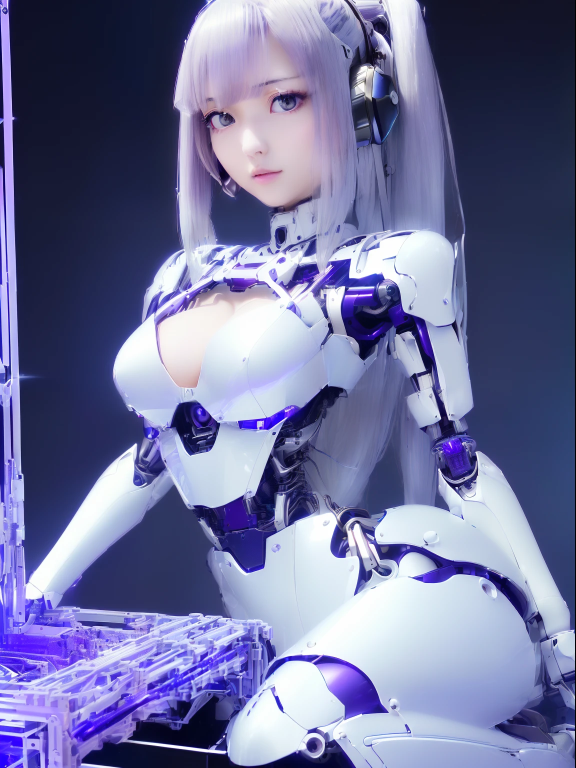 ((masutepiece)), ((top-quality), high quarity、ultra-definition, Realistic,  fulcolor 、One beautiful robot woman、Joints of machines、Frame of the machine、Thick wire joints、Casual dress white porcelain machine armor、(Curvaceous face)、deadpan、Purple straight hair、Wide Shot、((Electronic substrate))、Get on your knees