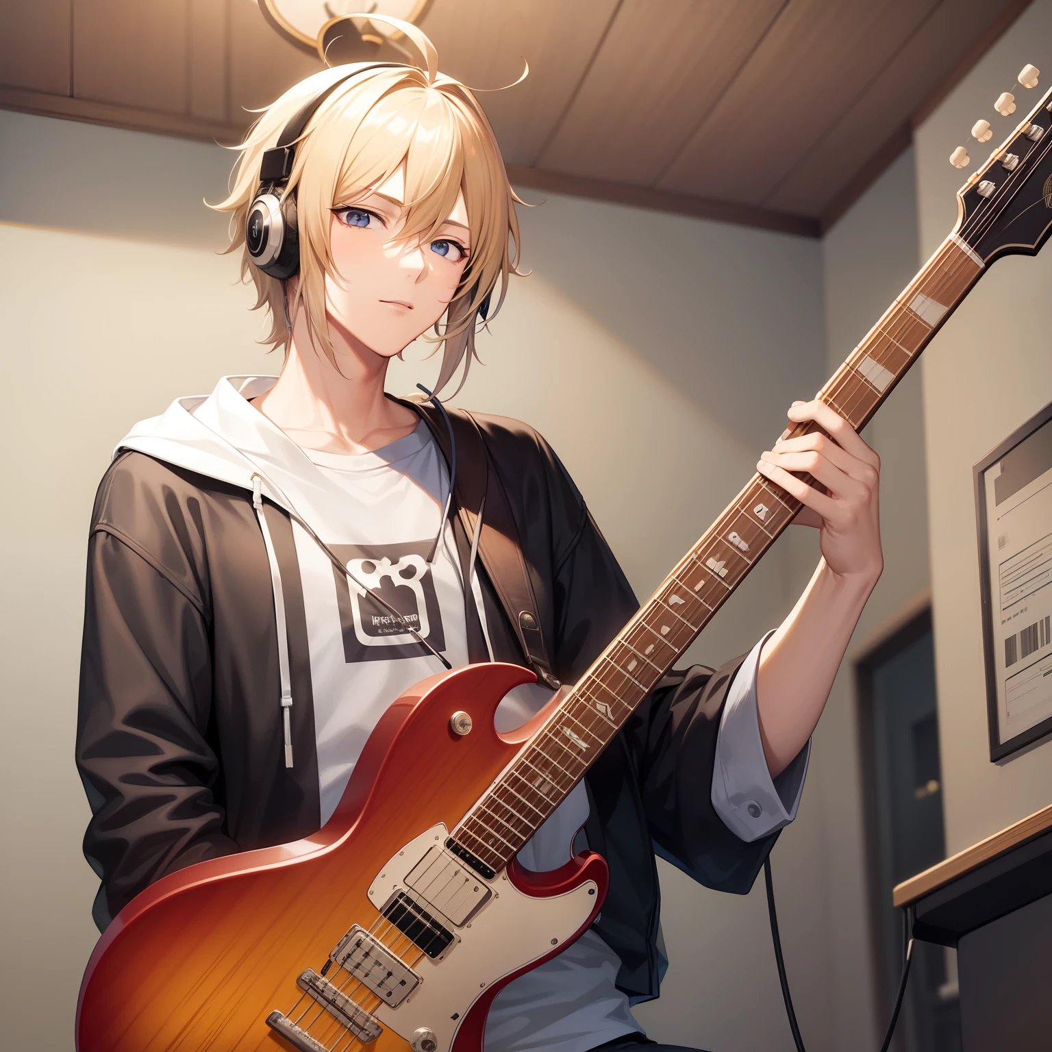 The Handsome Man in Anime。Neutral facial features。Wearing headphones。Guitarist。Have a guitar。a blond。Mashed Hair。Bandsman。The background is the room at home。