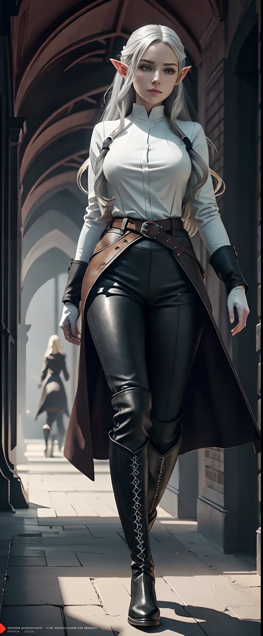 full body portrait of beautiful 1girl, solo, elf ((milf)), (very long) silver hair, tied in a knot, (( tight long sleeve shirt)), ((coat)), ((black knee-high riding leather boots)), ((white leggings)), Anime style photo, Manga style, Digital art, glow effects, render, 8k, octane render, cinema 4d, blender, dark, atmospheric 4k ultra detailed, cinematic sensual, Sharp focus, hyperrealistic, big depth of field, Masterpiece, colors, 3d octane render, 4k, concept art, trending on artstation, hyperrealistic, Vivid color, huge breasts, palace corridor, black gloves, (looking at viewer), (seductive:0.8),(smile:0.3)(evil:0.5), (from below:0.7),confident, belt,(military uniform), walking slowly, (hand on hip), (looking at viewer)