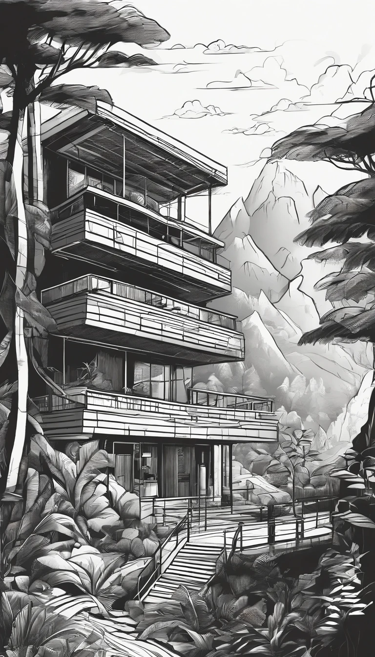 A Hostel style (Vietnamese mountain) with 7 floors area is 11.5m width, 34m length, synchronized with the surrounding forest landscape, best quality, ultra-detailed,natural lighting, monochromatic color scheme, neutral tones, realistic:1.37, vertical gardens