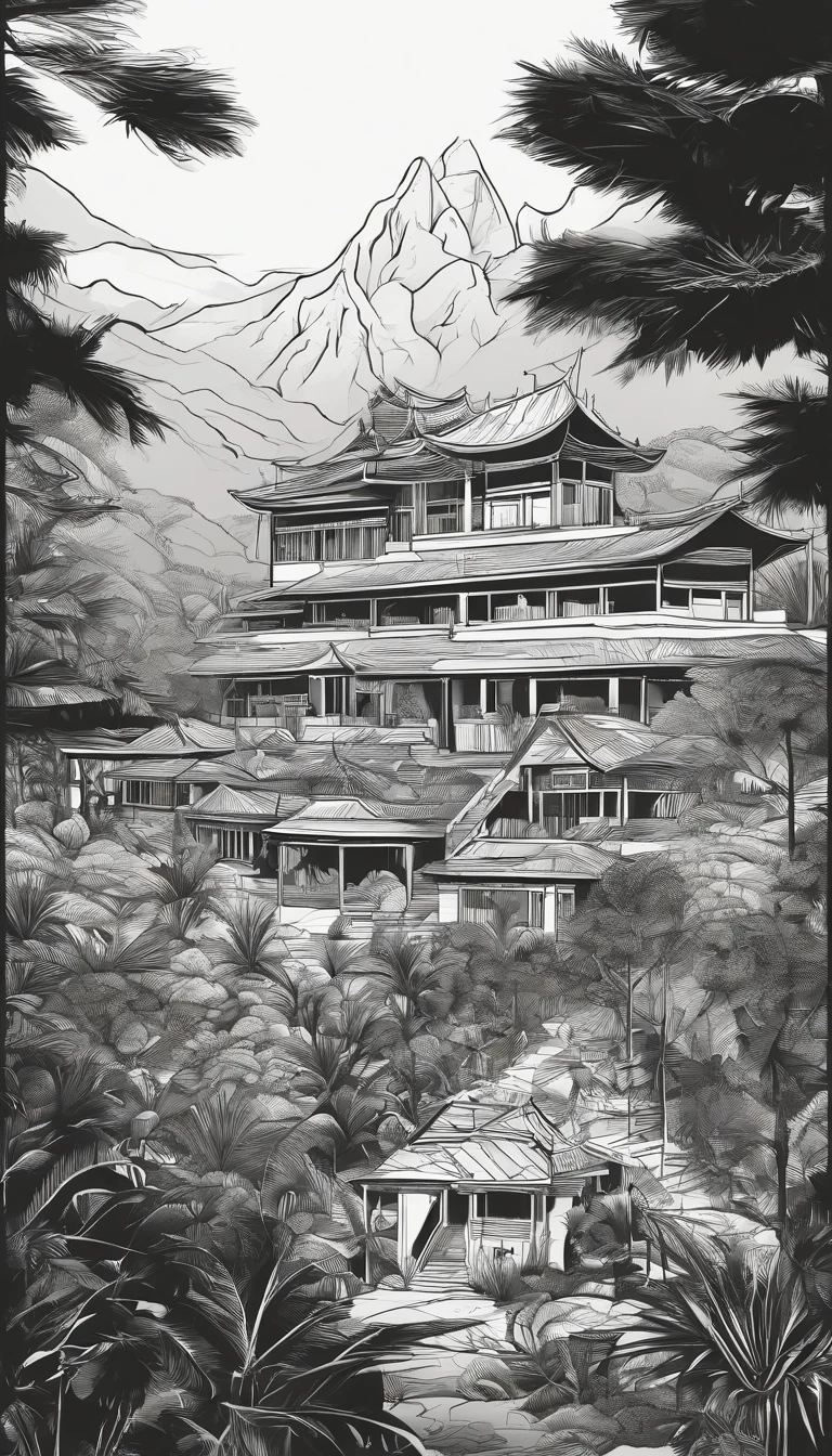A Hostel style (Vietnamese mountain) with 7 floors area is 11.5m width, 34m length, synchronized with the surrounding forest landscape, best quality, ultra-detailed,natural lighting, monochromatic color scheme, neutral tones, realistic:1.37, vertical gardens