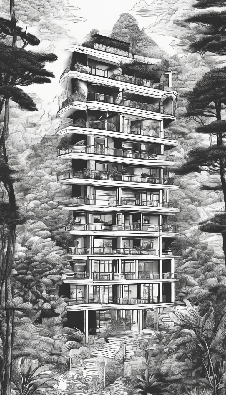 A Hostel style (Vietnamese mountain) with 7 floors area is 11.5m width, 34m length, synchronized with the surrounding forest landscape, best quality, ultra-detailed,natural lighting, monochromatic color scheme, neutral tones, realistic:1.37, vertical gardens