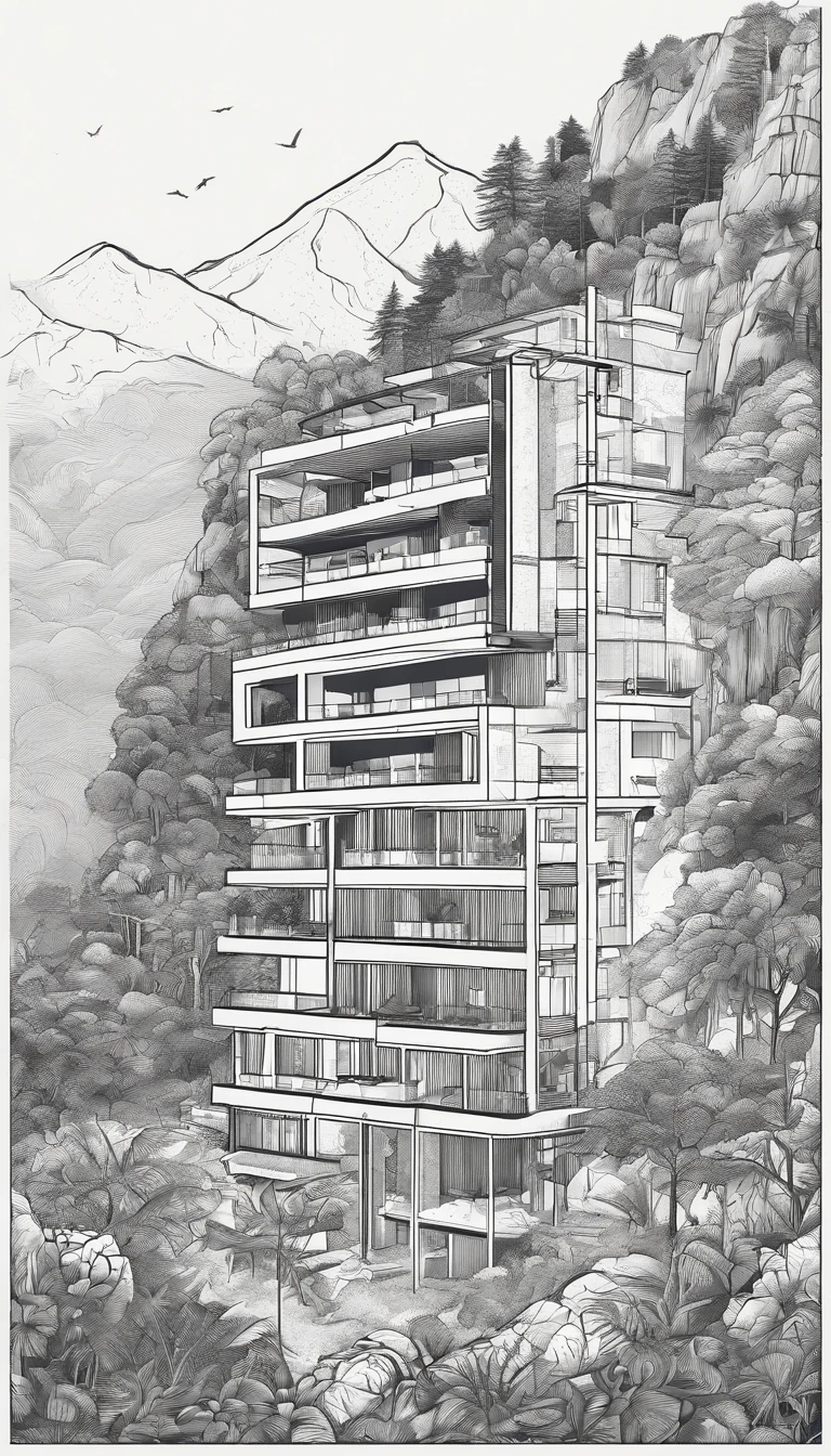 A Hostel style (Vietnamese mountain) with 7 floors area is 11.5m width, 34m length, synchronized with the surrounding forest landscape, best quality, ultra-detailed,natural lighting, monochromatic color scheme, neutral tones, realistic:1.37, vertical gardens