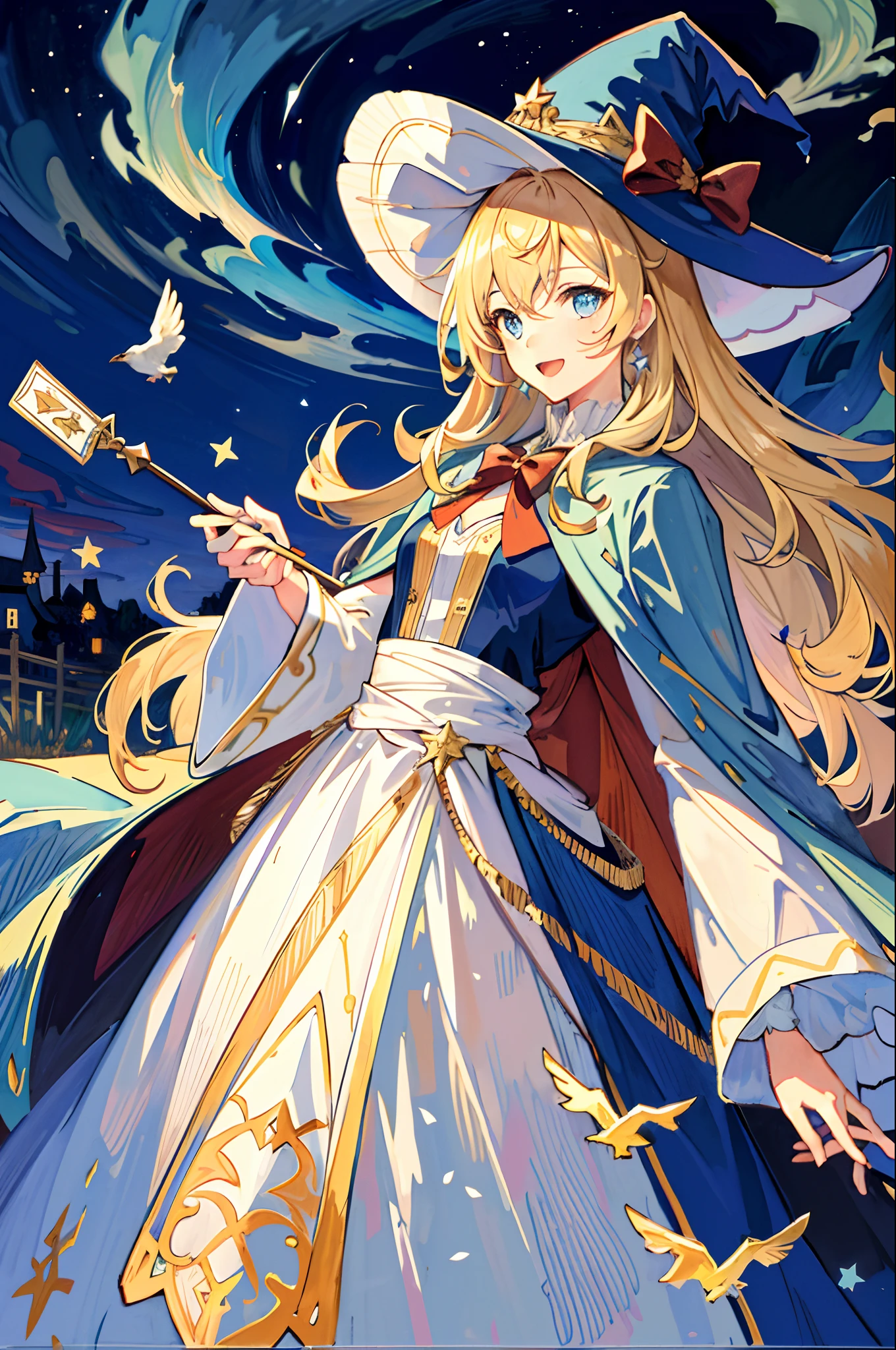 ((Masterpiece:1.2, Best quality)), 1girll, Solo, (Witch hat), Blonde hair, Long hair, dress, aurora, Night, Star (sky), mitts, sky, White dress, Night sky, Open mouth, Starry sky, Blue eyes, ribbon, Very long hair, Red dress, Smile, Hair ribbon, Cape, Blue hair, (Bird), magic, casting spell, Dark clouds, Night, (Impressionism:1.4), (tarot:1.3), Alphonse Mucha,