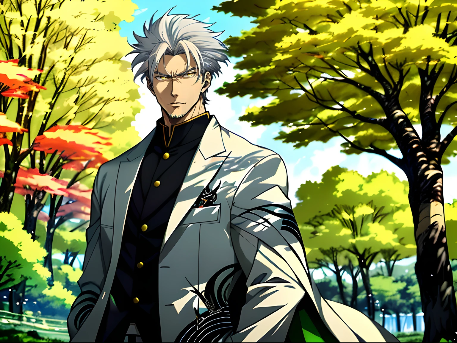 Anime character with white hair and yellow eyes standing in front of a green tree, hajime yatate, Anime portrait of a handsome man, Tall anime man with yellow eyes, Anime handsome man, a silver haired mad, white haired Cangcang, handsome guy in demon killer art, offcial art