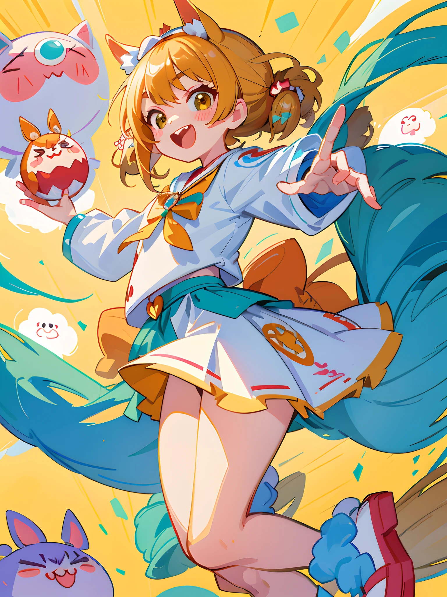 (((tmasterpiece))),comic book illustration.Lively and cute girl,having fun,cheerfulness,jumpping,Genki girl,kawaiitech, kawaii,。Big bright eyes,dual horsetail,夏天。clean backdrop。8K