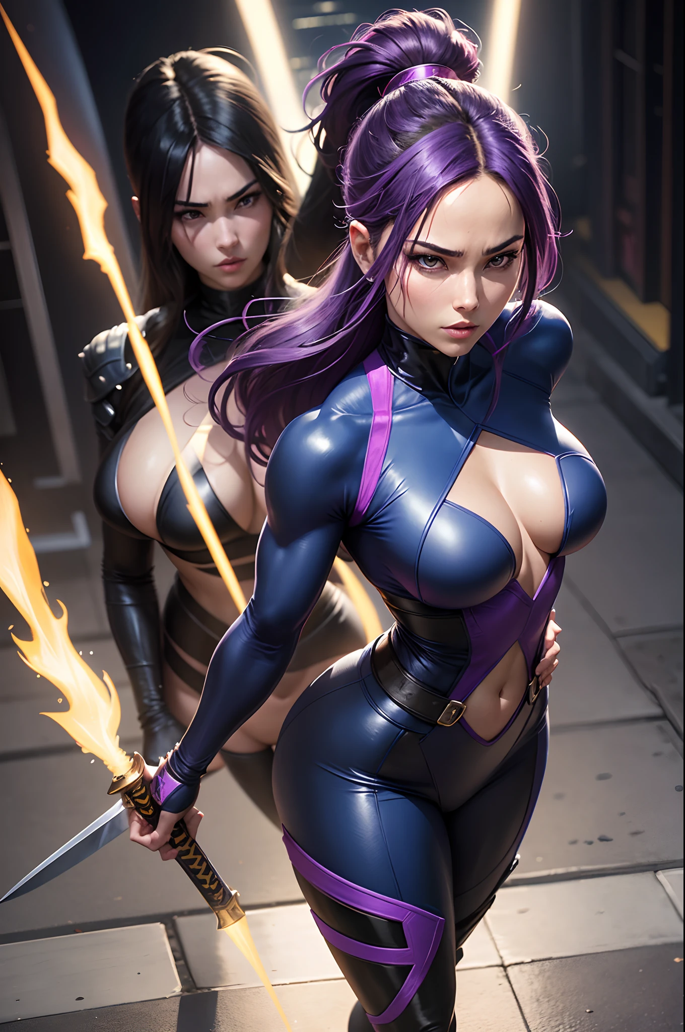 (New York: 1.5), (time square 1.50), Psylocke, also known as Elizabeth, is known for her distinctive appearance and her psychic and telepathic abilities, which are often associated with a psychic blade or psychic katana.
Physical appearance:
Psylocke is a woman of British origin and with an Asian appearance for a while. However, its most recognizable form is as follows::
Hair: Psylocke usually has long, dark purple hair that falls in soft waves. Her hair is a striking feature and is often worn loose. Eye: Her eyes are typically depicted as blue, but they can also be depicted as purple when she is using her psychic abilities. Body: Psylocke is chiseled and athletic, like many Marvel superheroes. Her physical form reflects her proficiency in martial arts and her combat skills.
typical costume:
Psylocke's costume is an important part of her visual identity. She is often depicted wearing the following attire:
bodysuit: Psylocke wears a bodysuit that covers her entire body. The costume is usually tight (dark blue or black color :1.5) that covers your body from neck to toe and is made of material that fits the body.
waistband: She often wears a red waistband that wraps around her waist. This stripe serves as a point of contrast in her look, breaking the monotony of the main color.
Psychic Blade: Psylocke's most iconic feature is her psychic blade or psychic katana. This is a blade made of psychic energy that she can create with her telepathic abilities. The blade is often described as a traditional Japanese sword, and she wields it skillfully in combat.
gloves and boots: Psylocke wears gloves and boots in the same color as her bodysuit, completing the look. These items usually have simple details, such as stripes or lines that complement the outfit.
mask: Although not a constant feature of her costume, Psylocke wears a mask that covers part of her face, leaving only her eye, (slender body: 1.5), (Clothing: 1.5), (large breasts: 1.3), (b