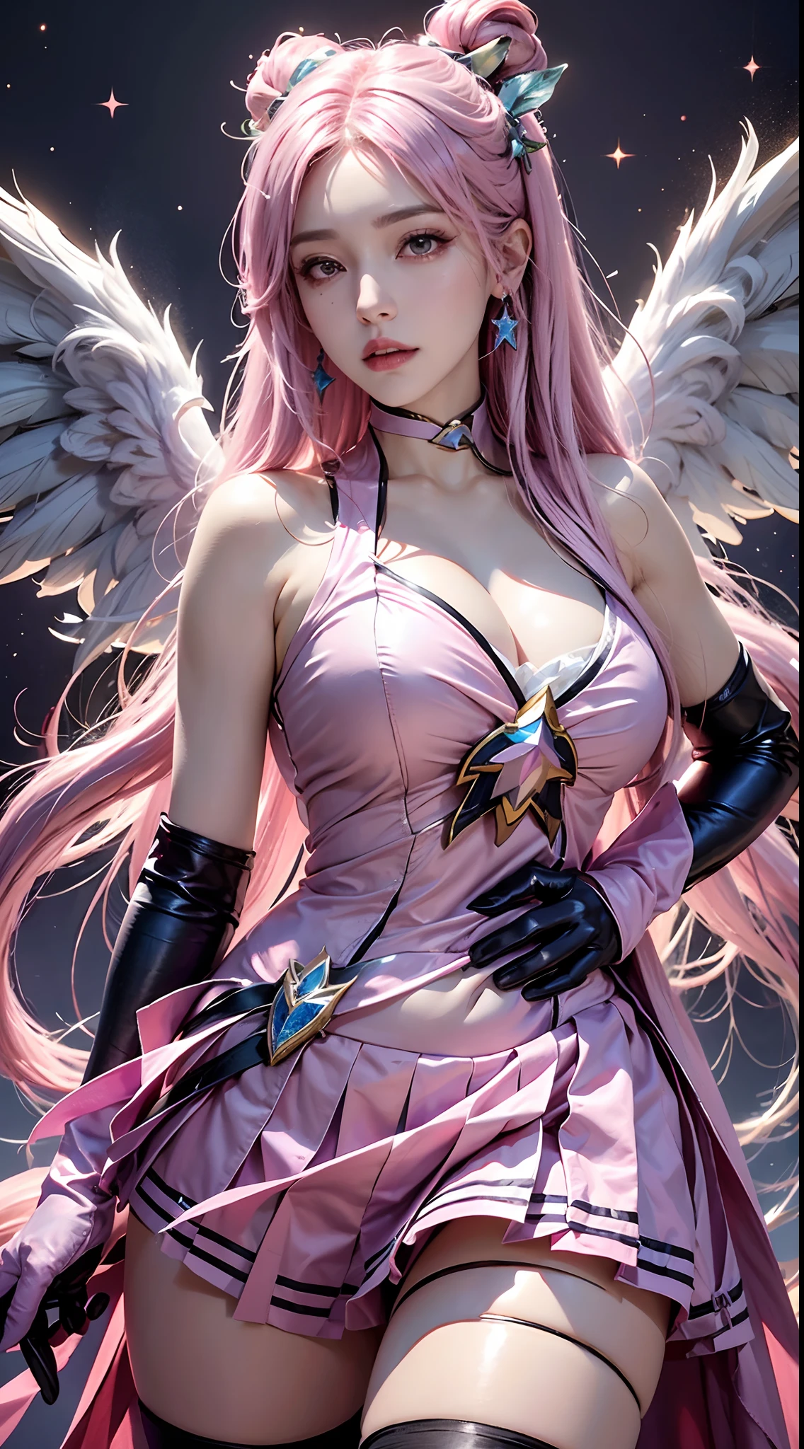 photorealistic, high resolution, 1women, mature female, solo, hips up,purple eyes, kaisasg, star guardian (league of legends), pink hair, gloves, long hair, thighhighs, skirt, elbow gloves, hand on hip, bare shoulders, solo, wings, white gloves, breasts, pink eyes, bangs, magical girl, hair ornament