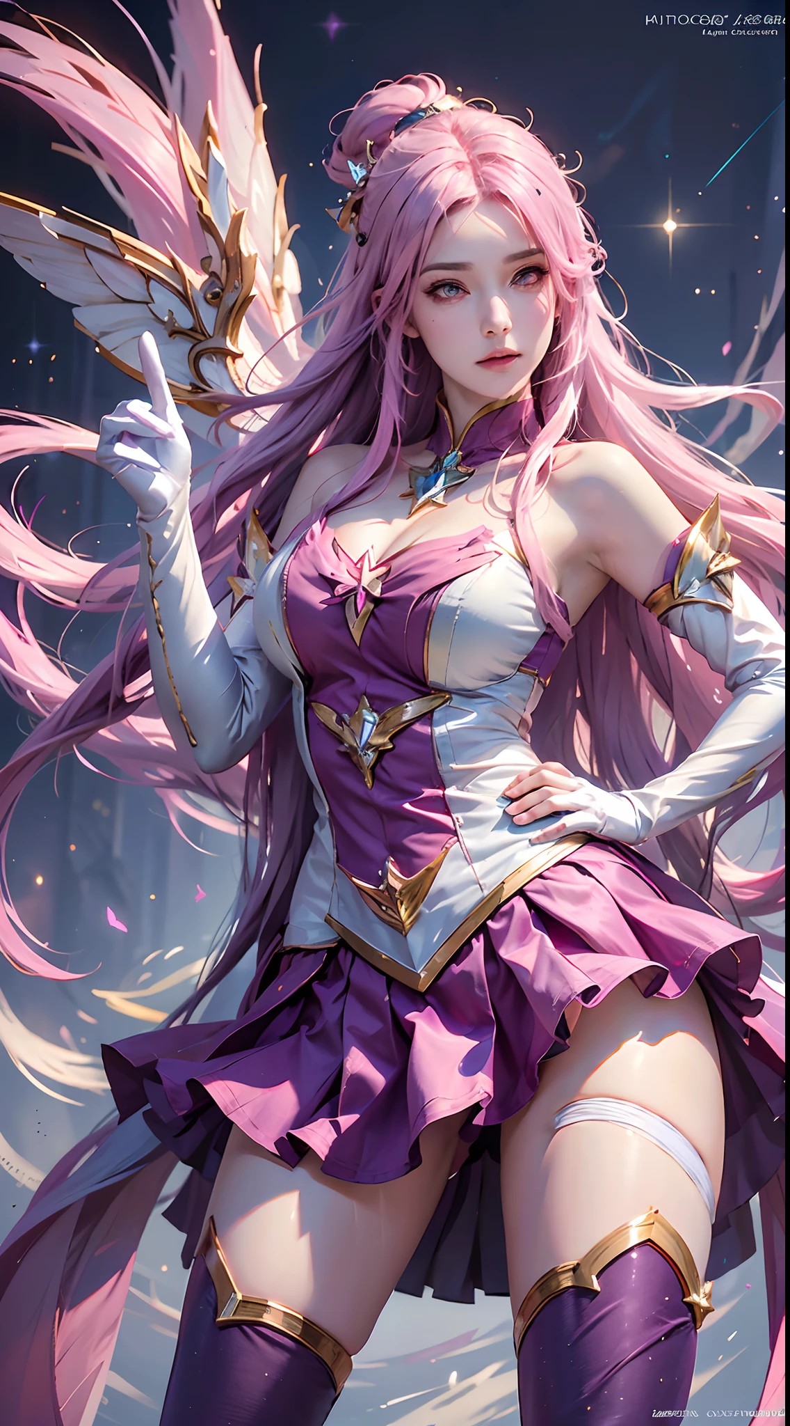 photorealistic, high resolution, 1women, mature female, solo, hips up,purple eyes, kaisasg, star guardian (league of legends), pink hair, gloves, long hair, thighhighs, skirt, elbow gloves, hand on hip, bare shoulders, solo, wings, white gloves, breasts, pink eyes, bangs, magical girl, hair ornament