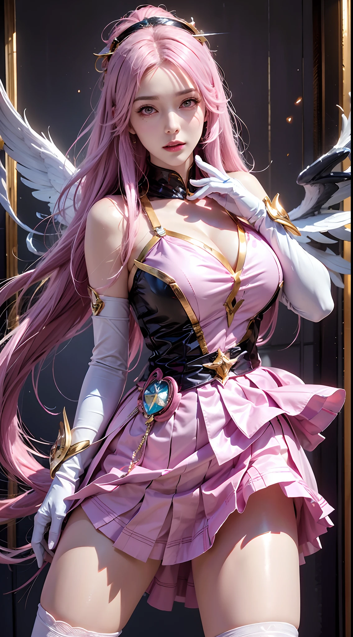 photorealistic, high resolution, 1women, mature female, solo, hips up,purple eyes, kaisasg, star guardian (league of legends), pink hair, gloves, long hair, thighhighs, skirt, elbow gloves, hand on hip, bare shoulders, solo, wings, white gloves, breasts, pink eyes, bangs, magical girl, hair ornament