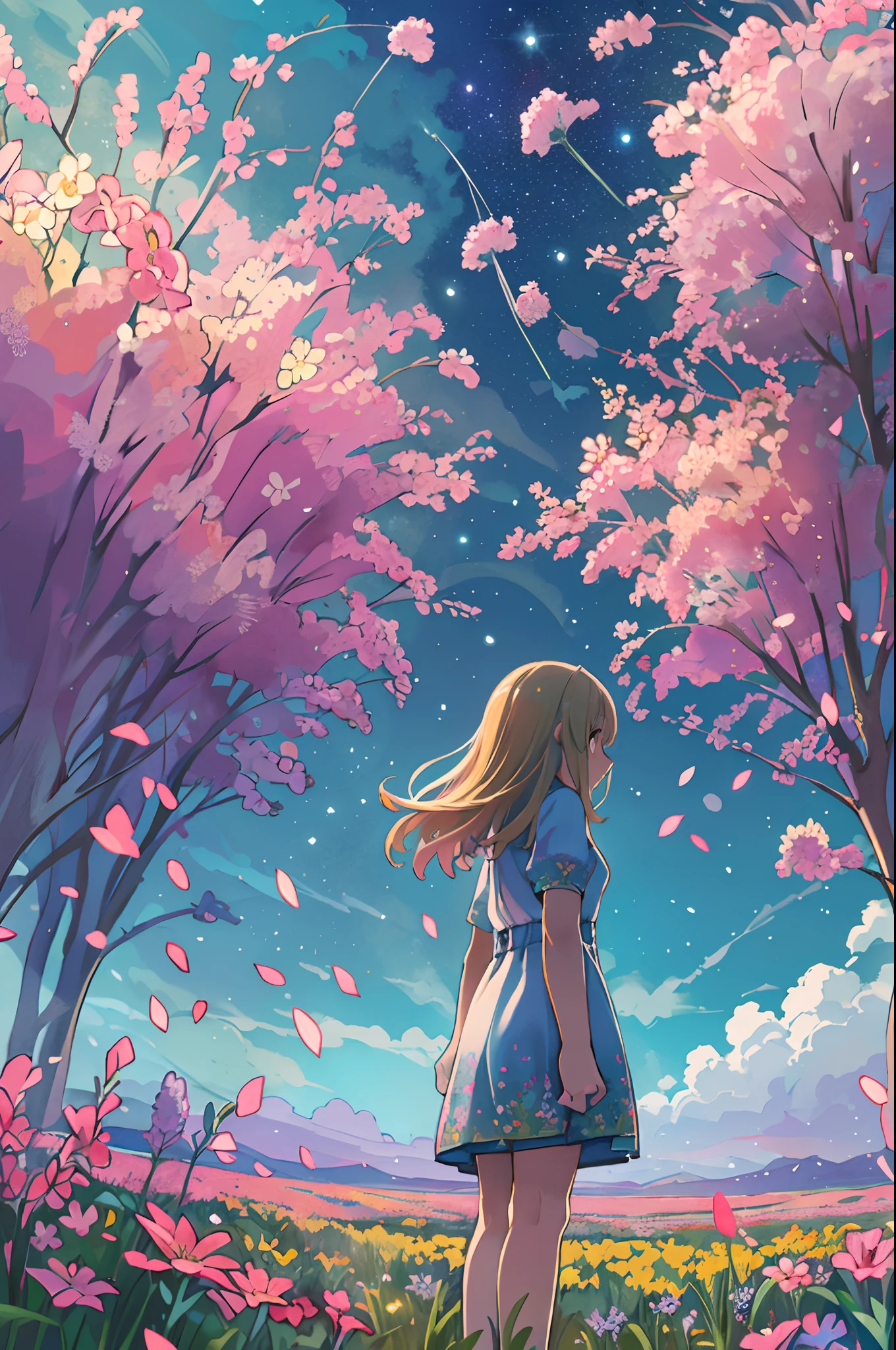 There is a girl standing in a flower field and looking up at the sky, Girl Standing In A Flower Garden, girl walking in flower field, Lost in Dreamy Wonderland, stands in a flowering field, Awesome digital painting, Sky is Xu々It will be sunny to, Starry sky is Xu々Retreat to