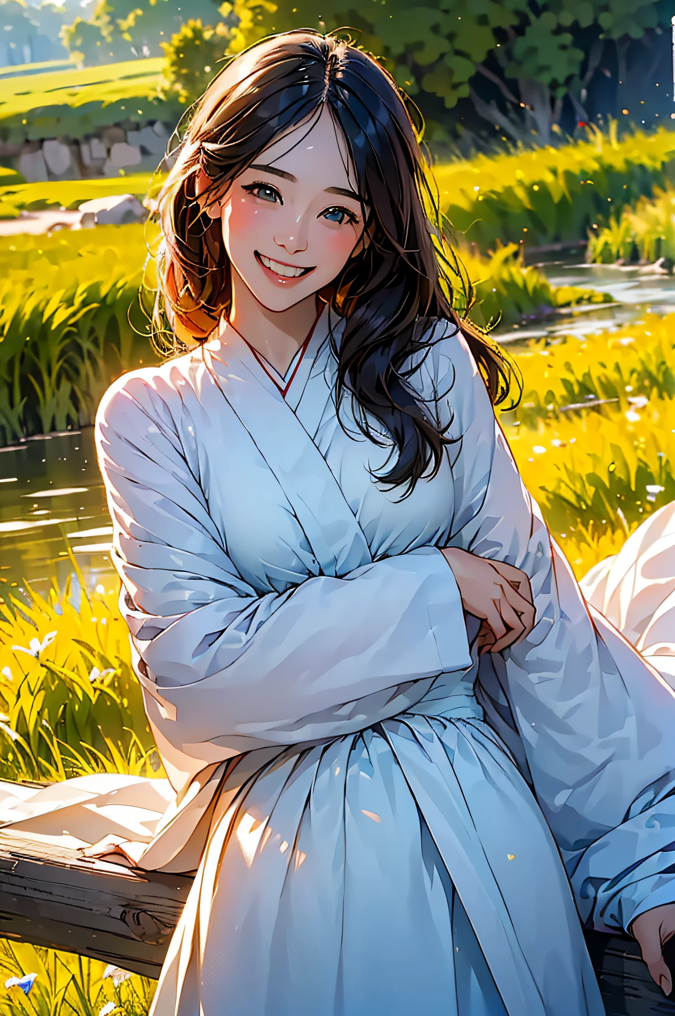 (in 8K、top-quality、​masterpiece:1.2)、1人の女性、(Smiling smile:1.1)、beautidful eyes、Valley、The upper part of the body、length hair、Like a boy、Longhaire、Green View、
