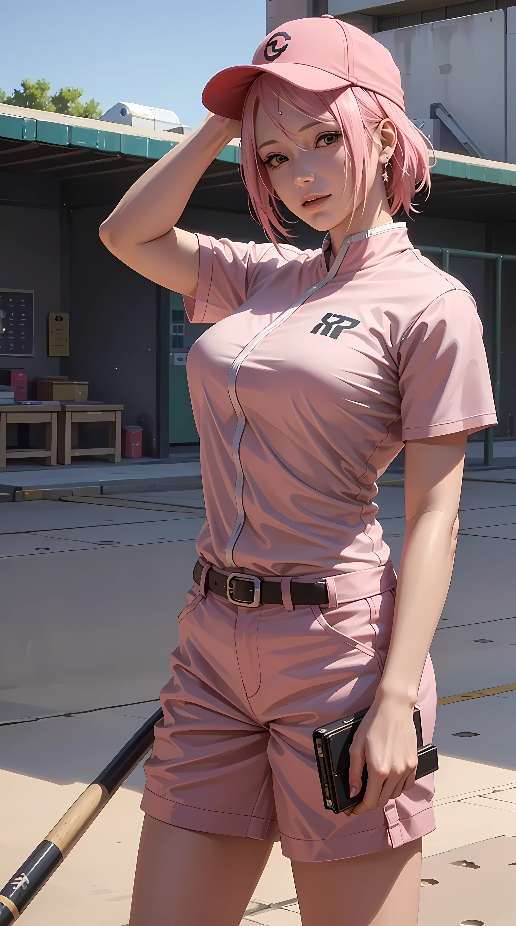 Haruno Sakura, forehead mark, Sakura from the Naruto anime, short hair, pink hair, ponytail, beautiful, beautiful woman, perfect body, perfect breasts, wearing white baseball clothes, wearing a baseball cap, on the baseball field, holding a baseball, looking at the viewer, slightly smiling, realism, masterpiece, textured skin, super detail, high detail, high quality, best quality, 1080p, 16k