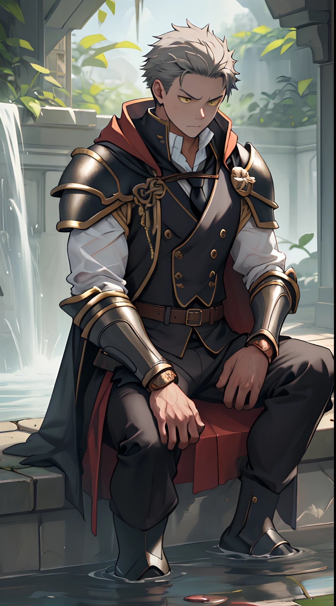 (1 Adult male),A high resolution, Sharp focus, Pixiv masterpiece, ((Complicated details)), highly detailed, natsuki_subaru, 1 man,Wear combat uniforms,perfect male figure,Urine on the trouser leg, Nervously bow your head,is shy,embarressed,exhilarated,is shocked,panicking,worry,A pool of urine formed around him,Very eager to pee,Unbearable,Wet yourself,Urine discharge,full bodyesbian,sit astride,Tired,decadent, Yellow eyes(eyes glowing), Short gray hair,White armor,Tie a belt,Cloaked,Cloak,Shoulder armor,perspire,Drenched,Get wet,pissing,urine flows down the pants,look from down