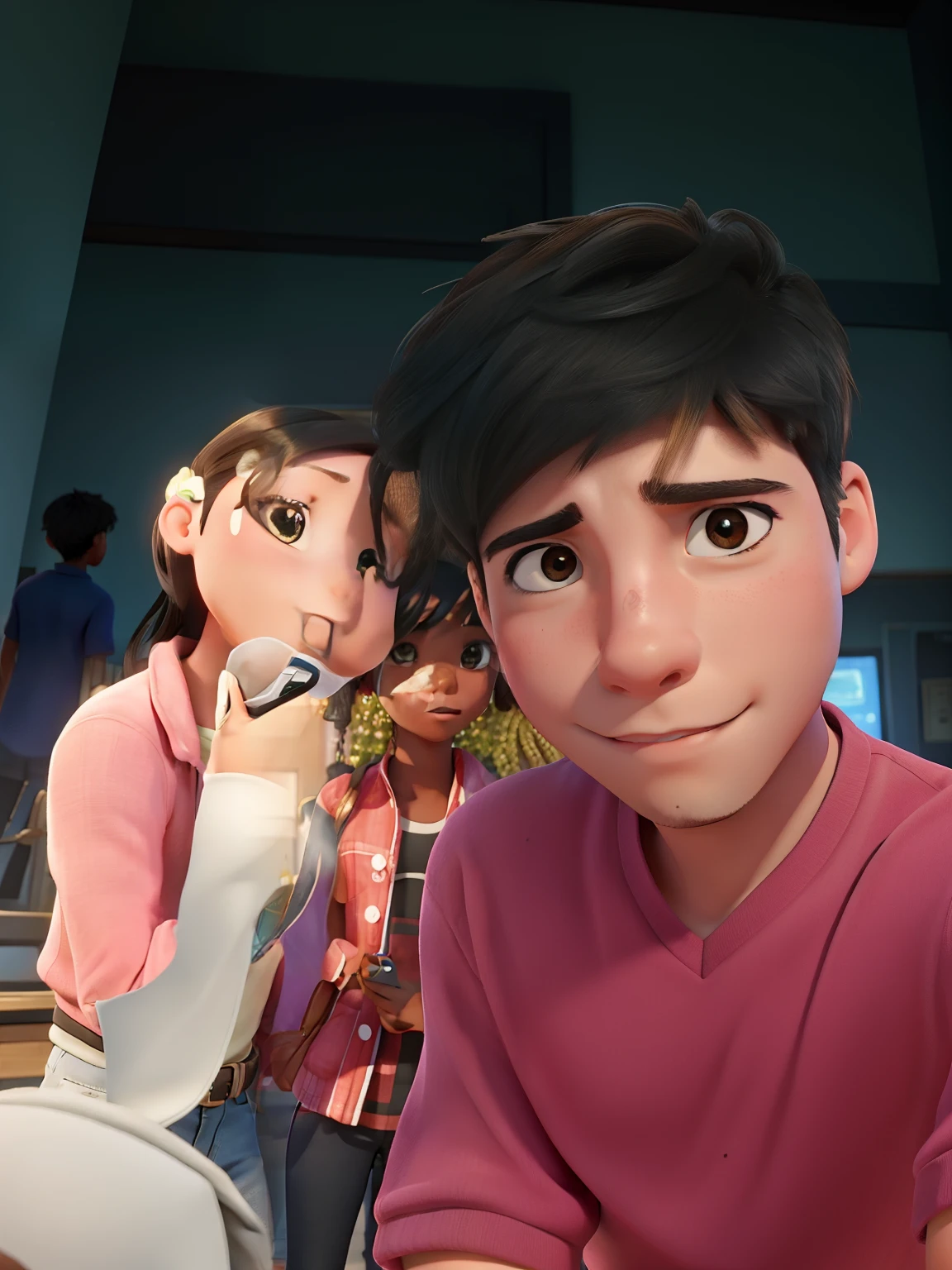 A male man taking a selfie with two girls behind him, Male is in front of girls, The girls behind, a girl is a beautiful black girl, The other girl is brunette