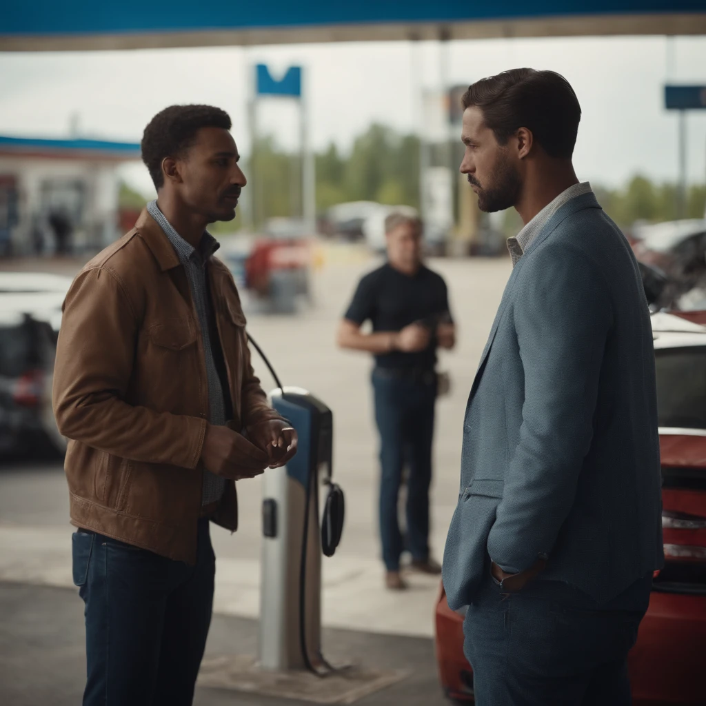 reporter interviewed man at a gas station during the day