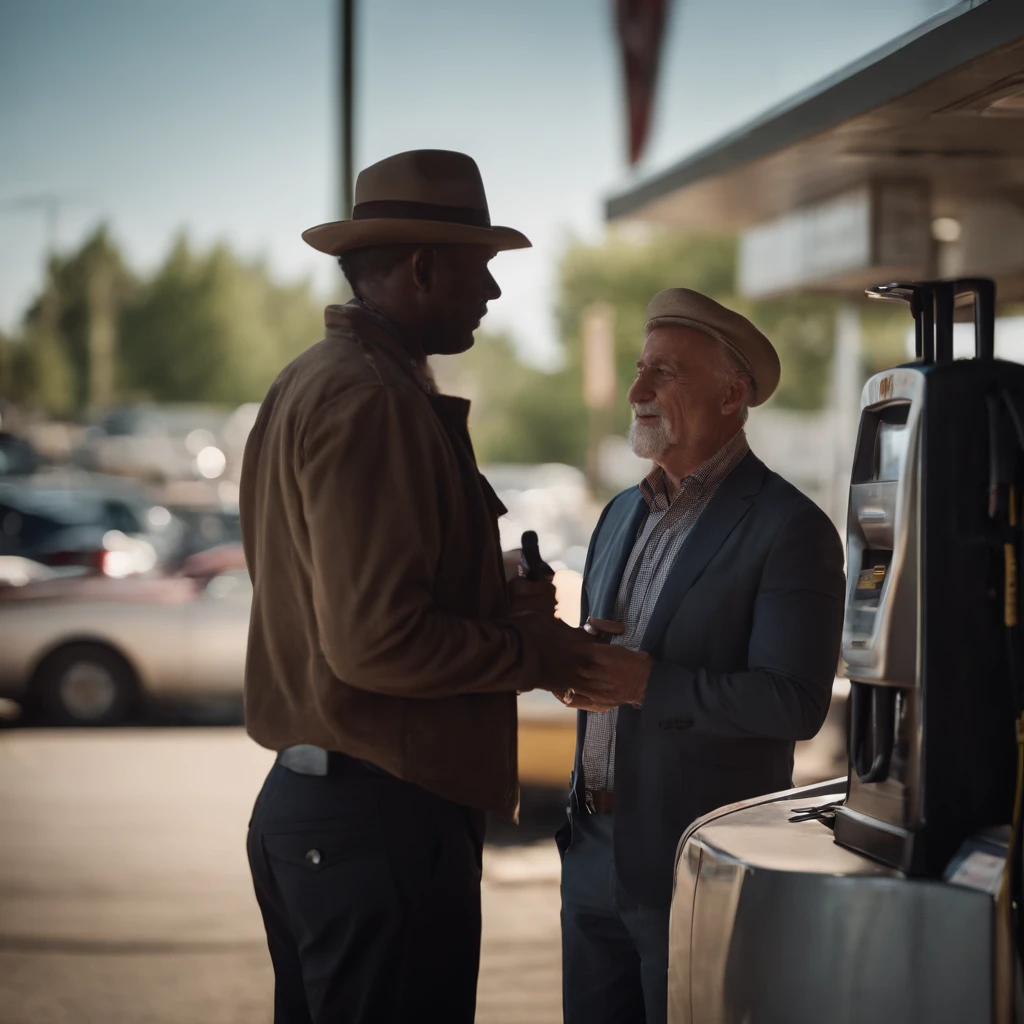 reporter interviewed man at a gas station during the day