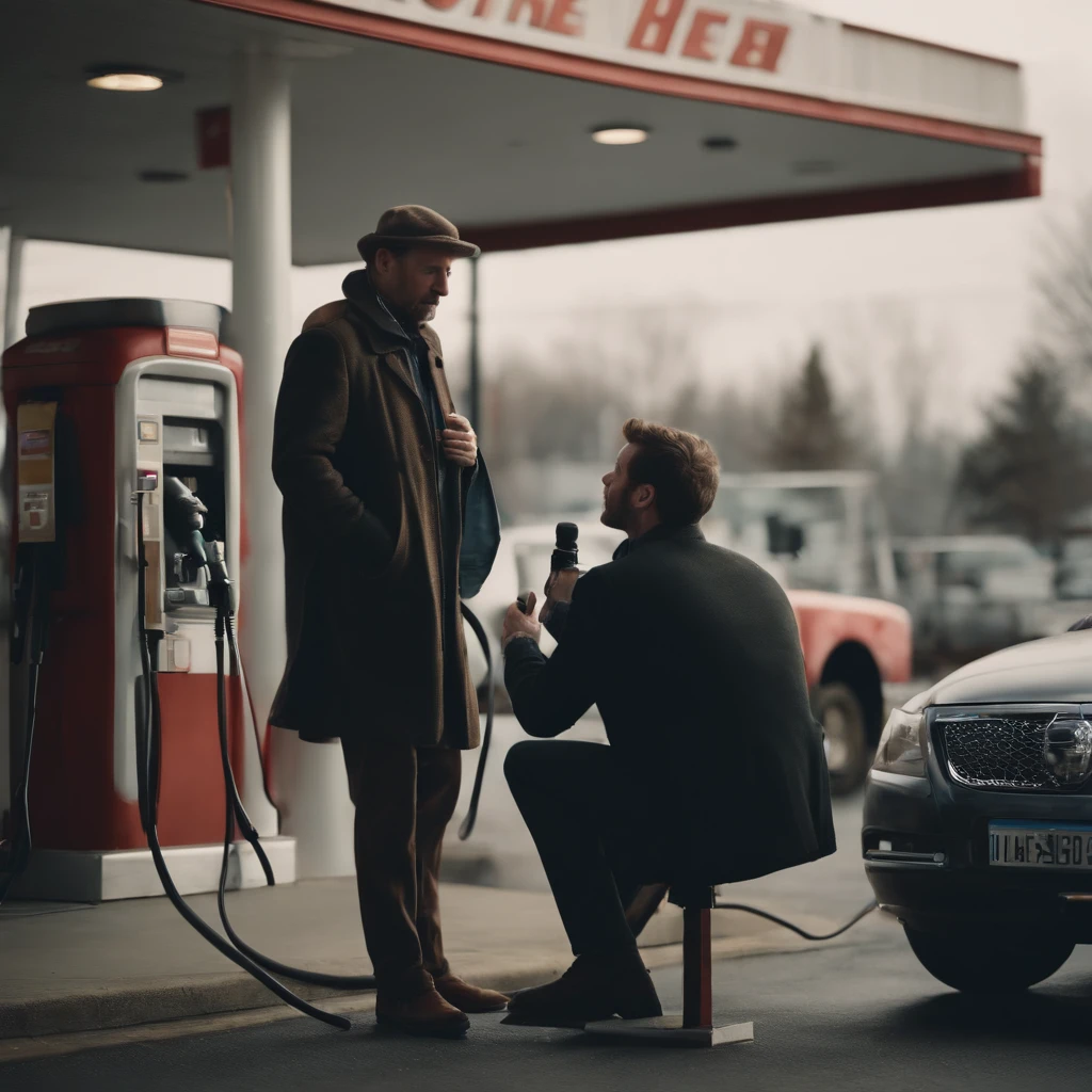 reporter interviewed man at a gas station during the day