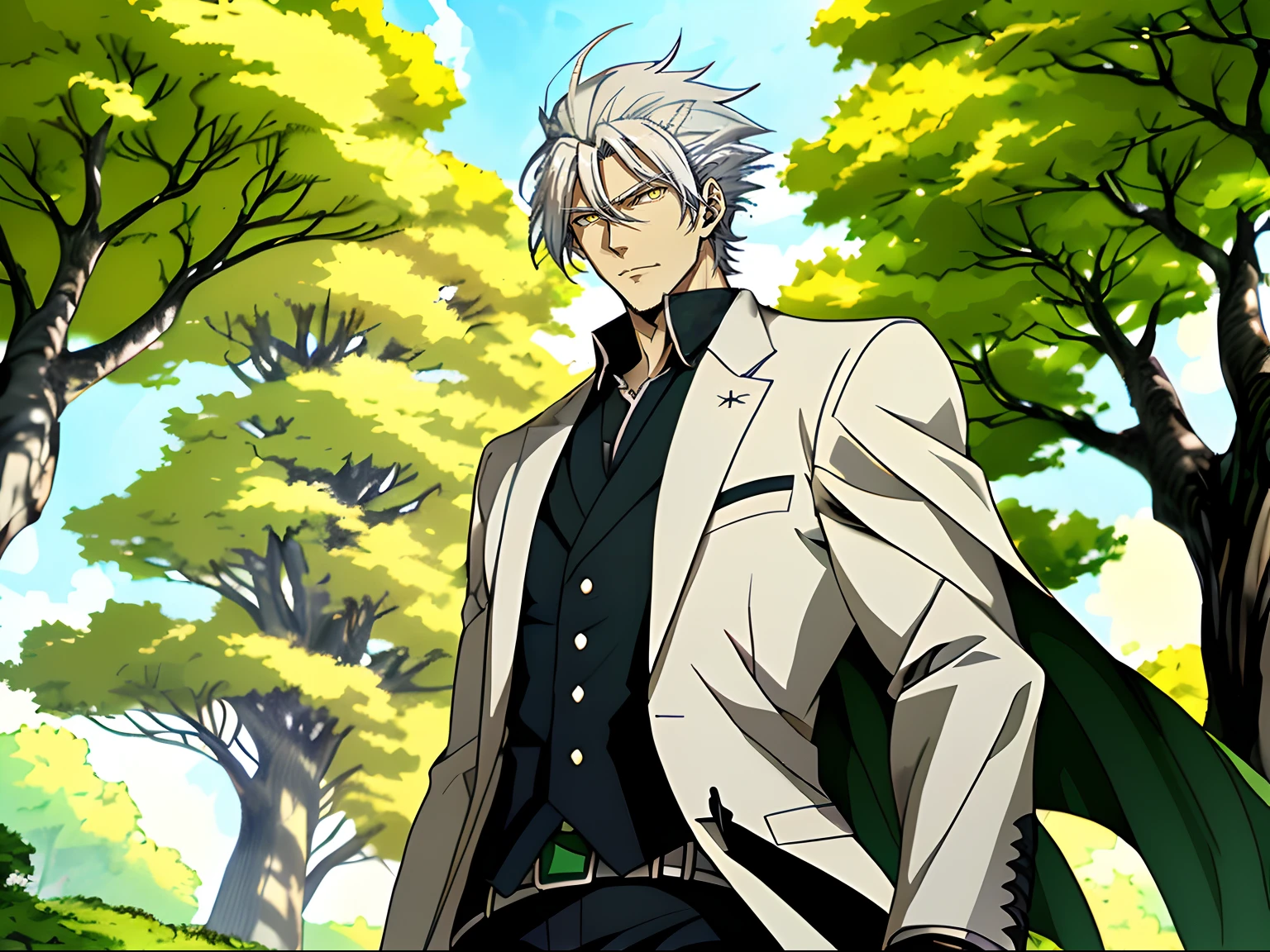 Anime character with white hair and yellow eyes standing in front of a green tree, hajime yatate, Anime portrait of a handsome man, Tall anime man with yellow eyes, Anime handsome man, a silver haired mad, white haired Cangcang, handsome guy in demon killer art, offcial art