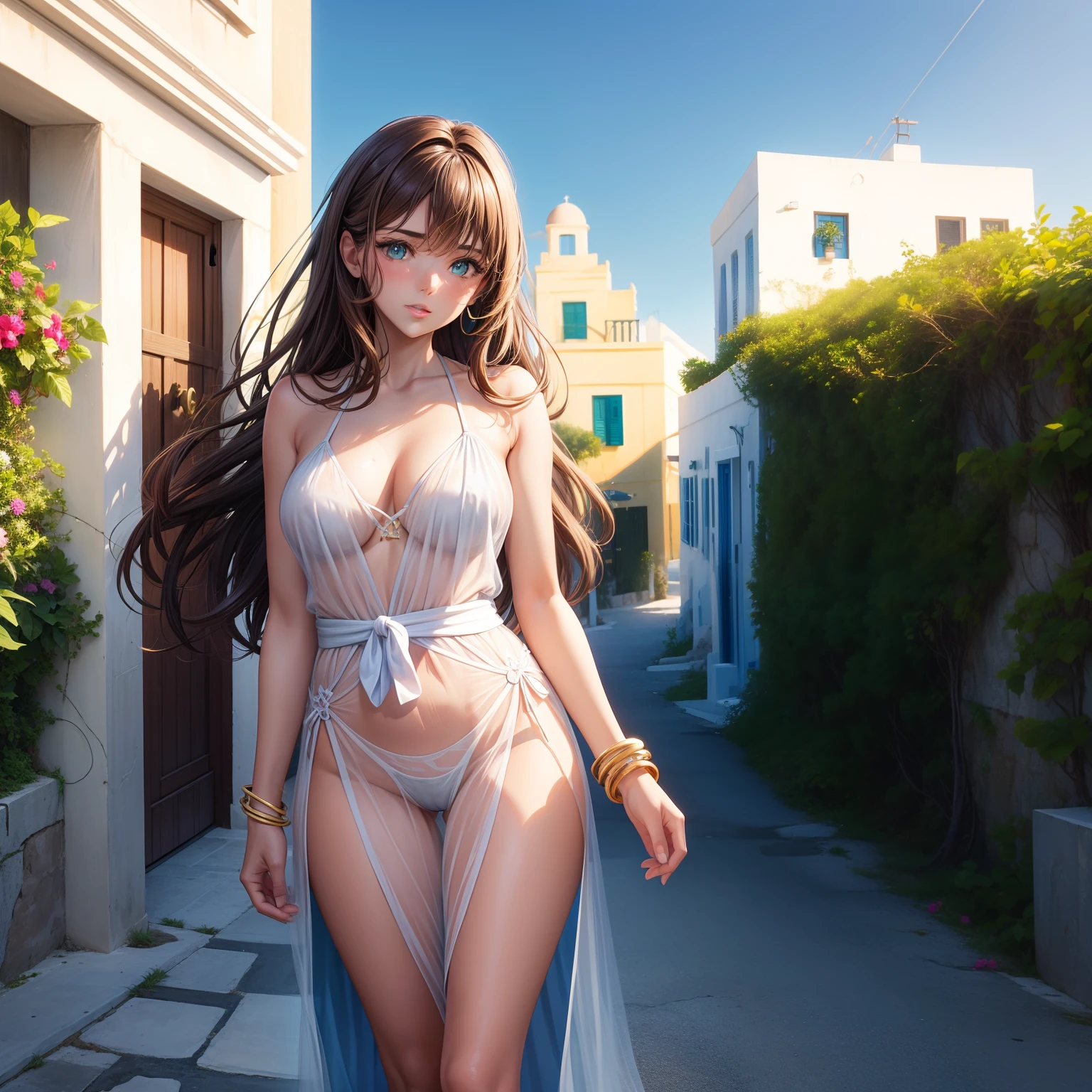 Woman in Greece portrait anime green eyes Nikon camera sunset hour realistic photography Beach House at Greek island animation realistic brown hair, Santorini Greece Islands sunset hour realistic photography sexy woman gorgeous, sexy woman gorgeous see through dress 8k sharpness extra crispy 4K, oil skin oily skin nice hands beautiful hand's, nasty, Greek Alley, Greek architecture, island small road, backstreet, white house, island house, bougainvillea plant, purple bougainvillea,paved stone road,