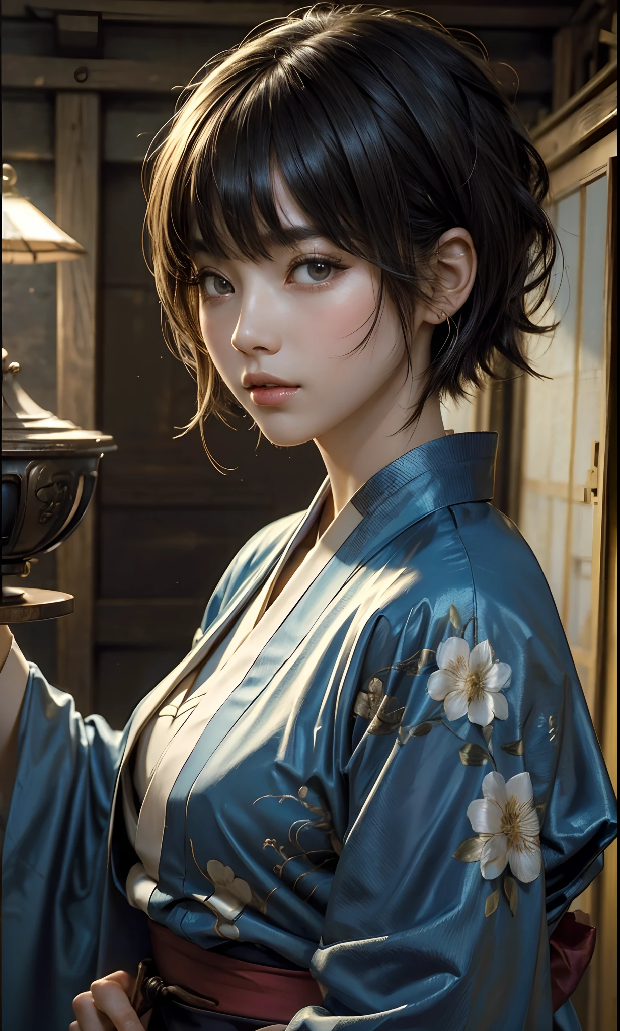 ((top-quality、​masterpiece:1.3))、sharp:1.2、Perfect Body Beauty:1.4、((Layered hairstyle))、(Kimono:1.1)、(shrines:1.2)、Highly detailed facial and skin texture、Detailed eye、二重まぶた、((short-length hair))、boyish、Cool、((unisex))、big eye、bangss、((One Woman))、Black eyes、tying  hair、hair adornments、