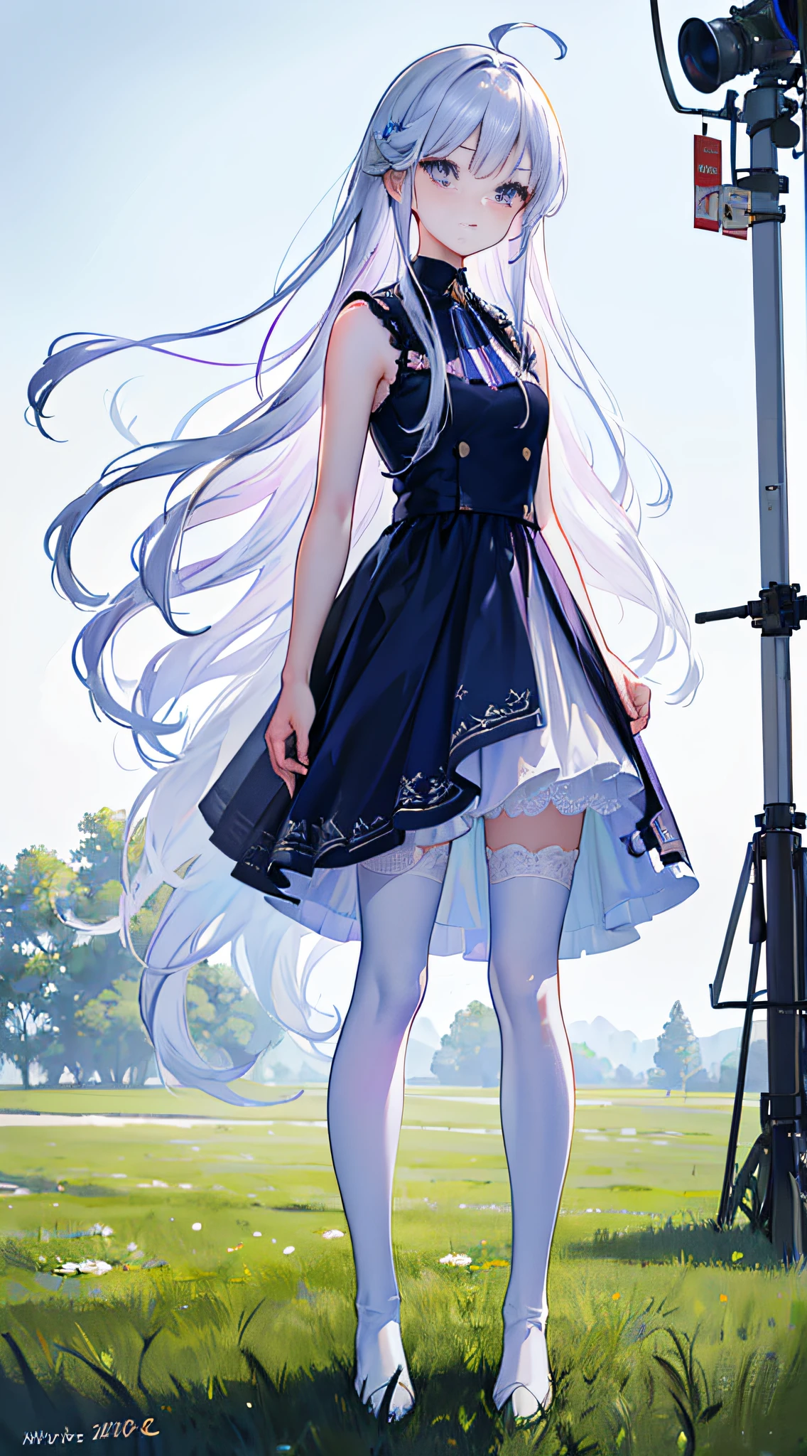 (Best quality,4K,8K,A high resolution,Masterpiece:1.2),Ultra-detailed,textured skin, (Realistic,Photorealistic,photo-realistic:1.37),hdr,hyper HD,Studio lighting,Ultra-fine painting,Sharp focus,Physically-based rendering,Extreme detail description,professional,Vivid colors,Bokeh,Girl,grey hair, hair over shoulder, hair spread out, diagonal bangs, ahoge, bluish violet eyes,whtie sleeveless dress, white stockings,Light blue boots,standing in grassy field，sportrait,Soft color palette,Natural lighting