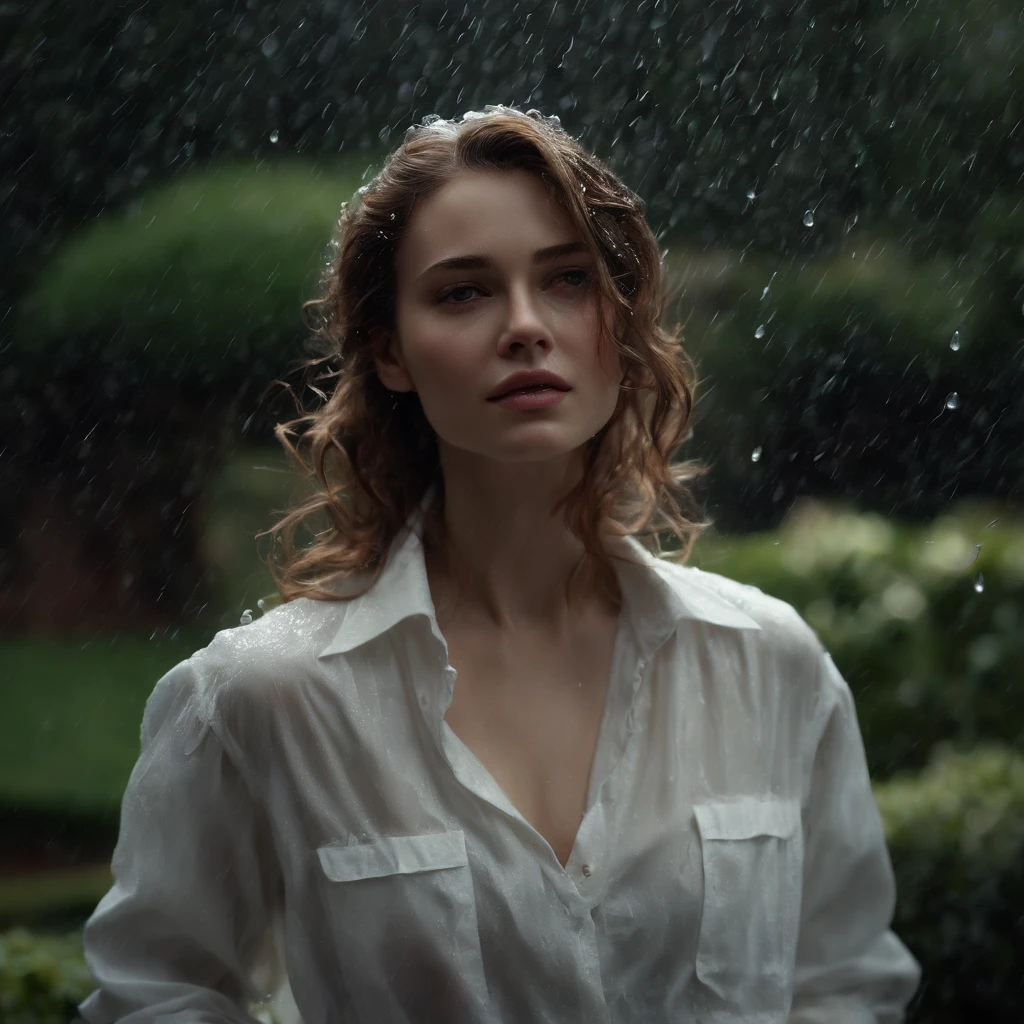 (best quality, masterpiece:1.2, highres, realistic:1.4), raining, girl in a garden, white shirt, torn jeans, white sneakers, raindrops, soaked, dimly lit, darkness, despair, empathy, impoverished, cinematic, tears, teardrops, (torn clothes:1.5), (wet clothes:1.4), bare shoulders, real rain, wet hair.