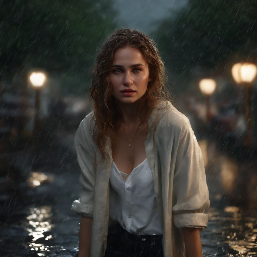 (best quality, masterpiece:1.2, highres, realistic:1.4), raining, girl in a garden, white shirt, torn jeans, white sneakers, raindrops, soaked, dimly lit, darkness, despair, empathy, impoverished, cinematic, tears, teardrops, (torn clothes:1.5), (wet clothes:1.4), bare shoulders, real rain, wet hair.
