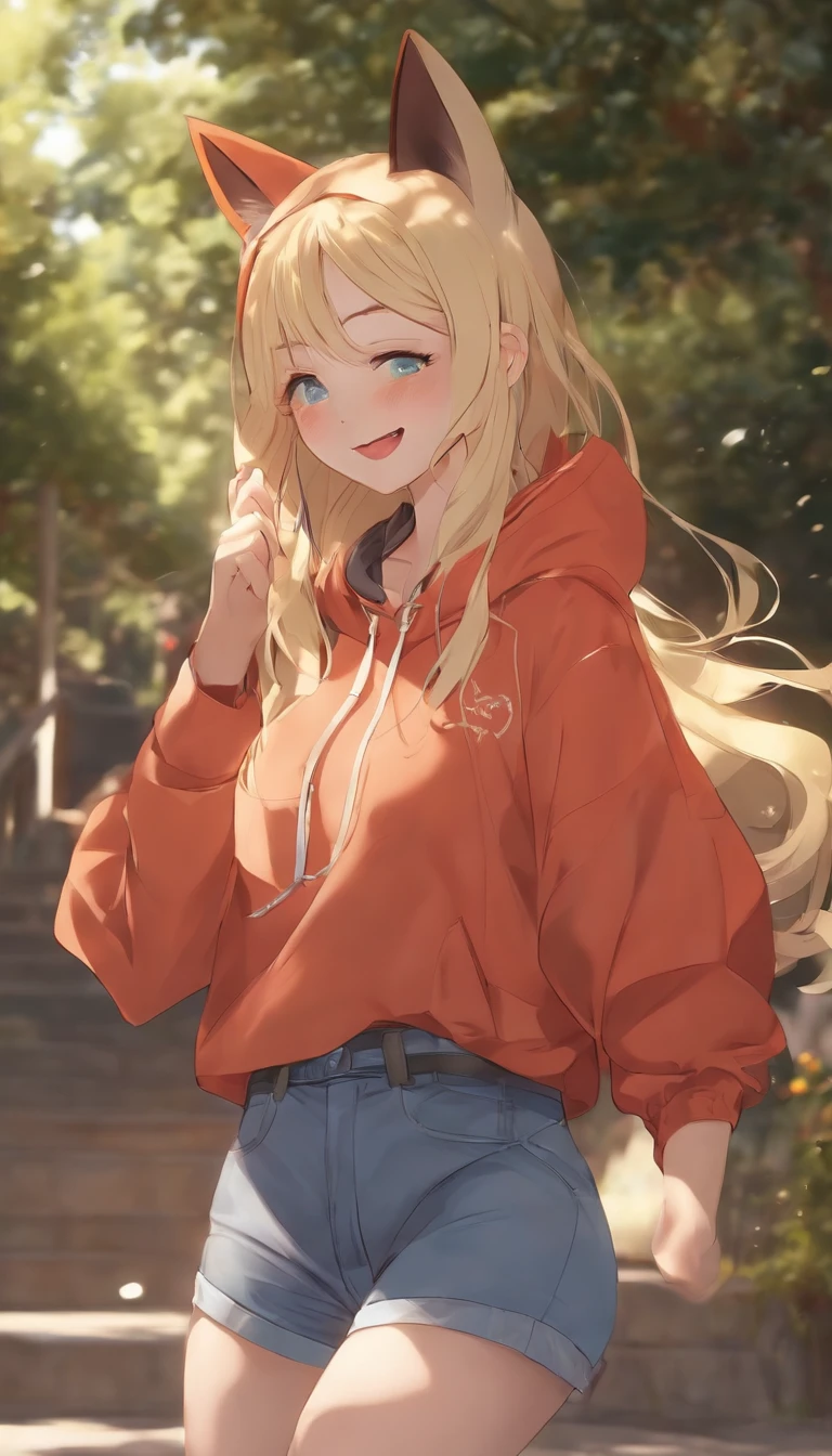 One girl,with dynamism, Spirited, cheerful big breasts，(((Laughing))), Long hair, Cat ear hairpins, (hoody), Moe Sleeves, denim short, (Blonde), Outdoors, Attention on Girls，Dance。