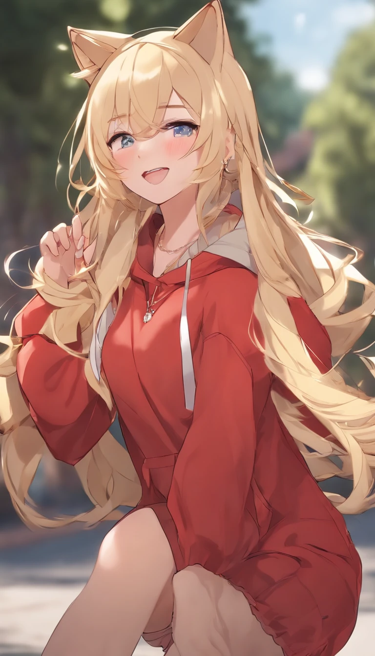 One girl,with dynamism, Spirited, cheerful big breasts,(((Laughing))), Long hair, Cat ear hairpins, (hoody), Moe Sleeves, denim short, (Blonde), Outdoors, Attention on Girls,Dance。