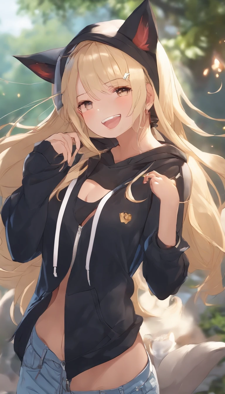 One girl,with dynamism, Spirited, cheerful big breasts,(((Laughing))), Long hair, Cat ear hairpins, (hoody), Moe Sleeves, denim short, (Blonde), Outdoors, Attention on Girls,Dance。