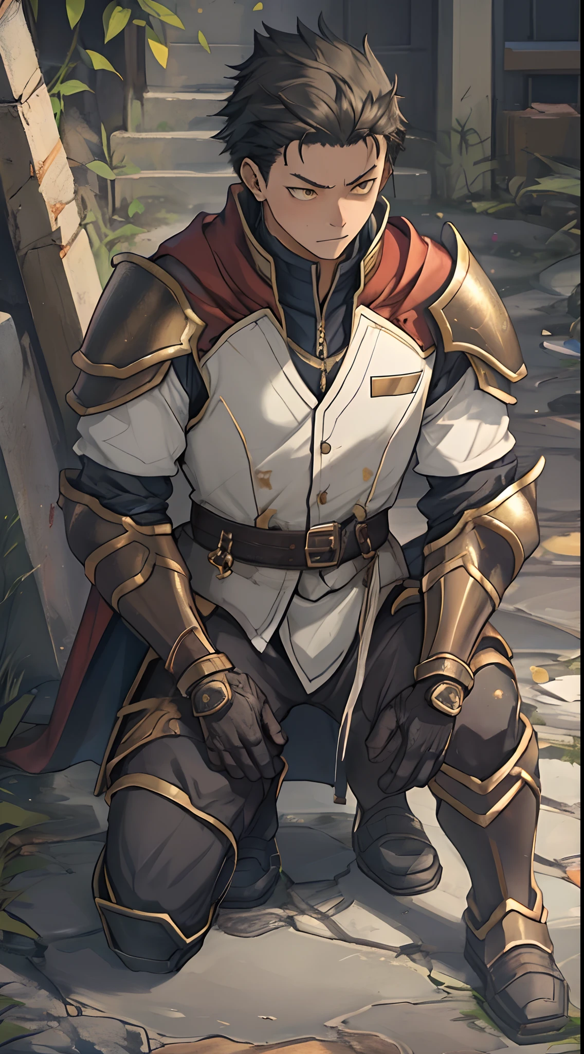 （1 Adult male），A high resolution， Sharp focus， Pixiv masterpiece， （（Complicated details））， highly  detailed， natsuki_subaru， 1 man，Wear combat uniforms，perfect male figure，Urine on the trouser leg， Nervously bow your head，is shy，embarressed，exhilarated，is shocked，panicking，worry，A pool of urine formed around him，Very eager to pee，Unbearable，Wet yourself，Urine discharge，full bodyesbian，kneel，Tired，decadent， Yellow eyes（eyes glowing）， Short gray hair，White armor，Tie a belt，Cloaked，Cloak，Shoulder armor，perspire，Drenched，Get wet，pissing，urine flows down the pants，look from down